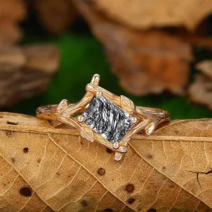 1 CT Emerald Cut  Natural Black Rutilated Quartz Unique Leaf Vines Engagement Ring