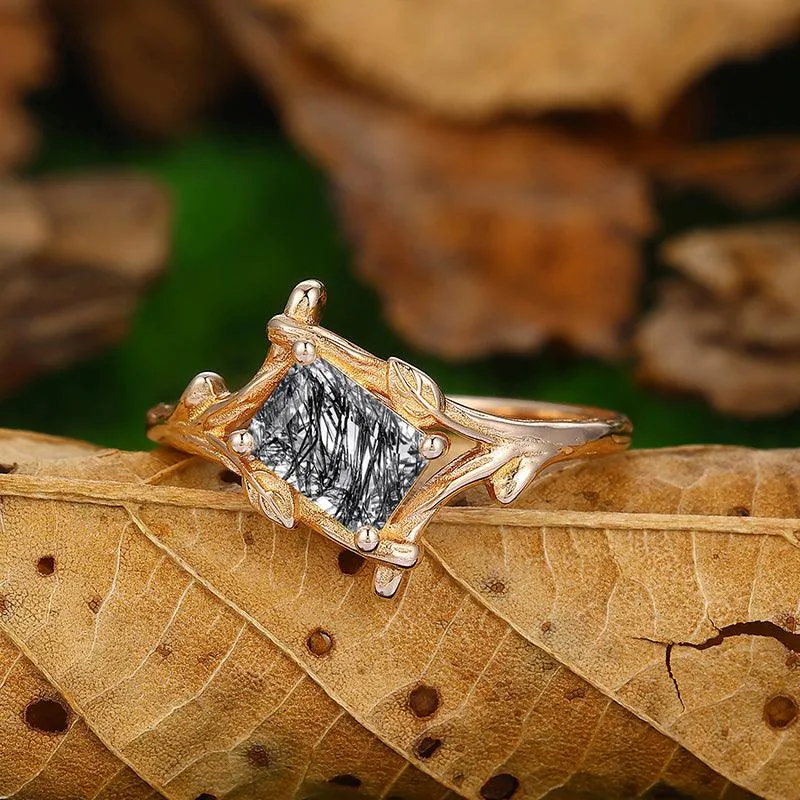 1 CT Emerald Cut  Natural Black Rutilated Quartz Unique Leaf Vines Engagement Ring