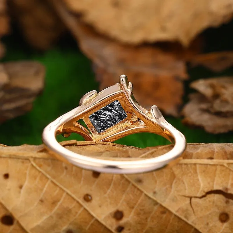 1 CT Emerald Cut  Natural Black Rutilated Quartz Unique Leaf Vines Engagement Ring