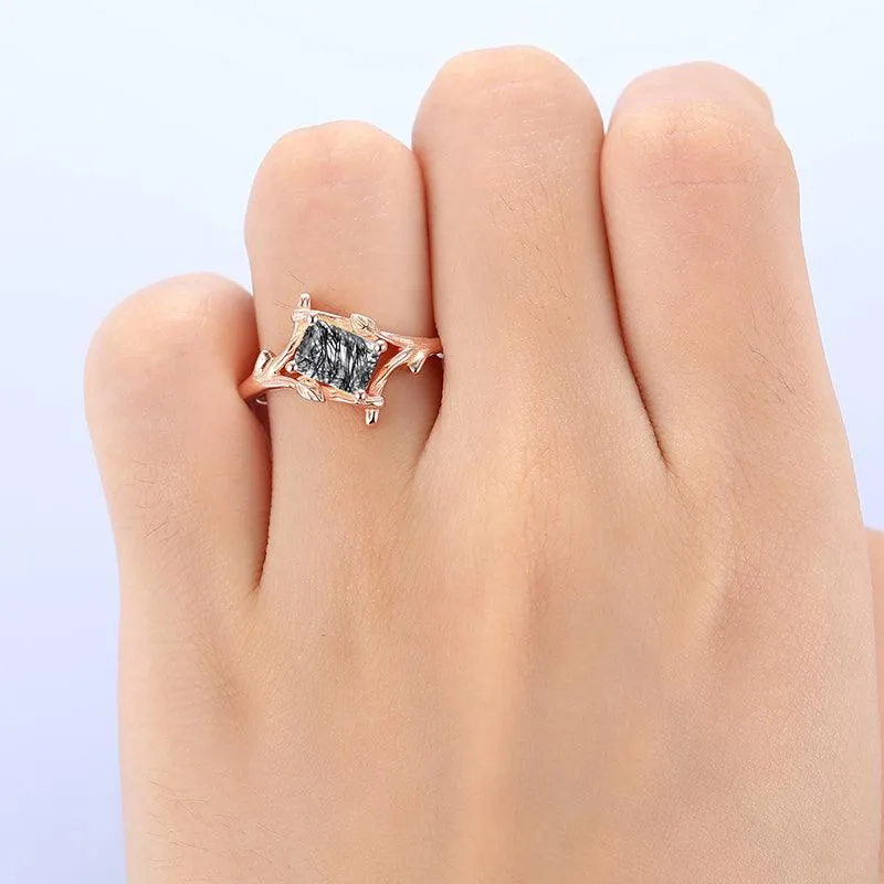 1 CT Emerald Cut  Natural Black Rutilated Quartz Unique Leaf Vines Engagement Ring
