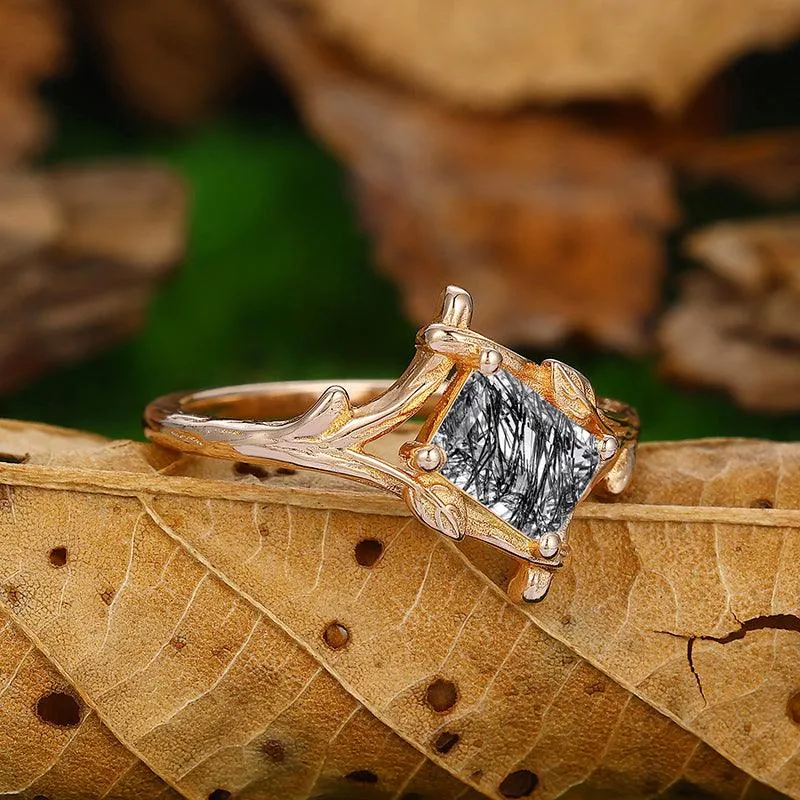 1 CT Emerald Cut  Natural Black Rutilated Quartz Unique Leaf Vines Engagement Ring