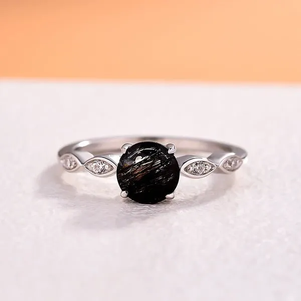 1.0 Carat Round Cut Black Rutilated Quartz Promise Ring