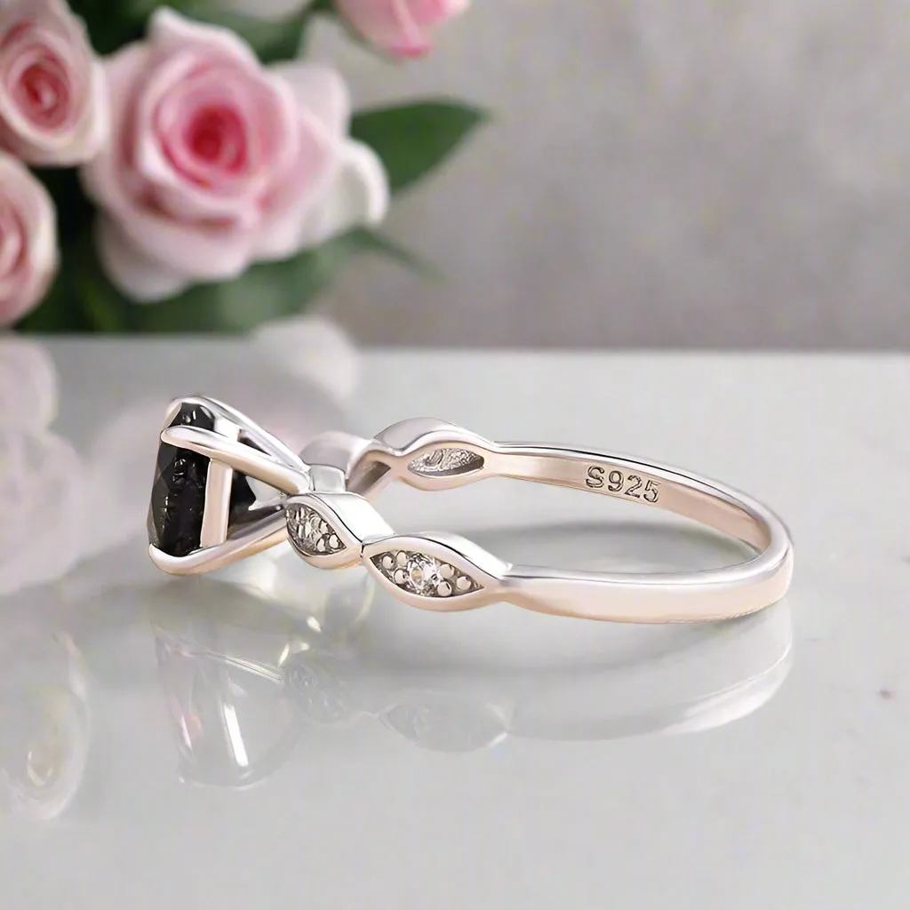 1.0 Carat Round Cut Black Rutilated Quartz Promise Ring