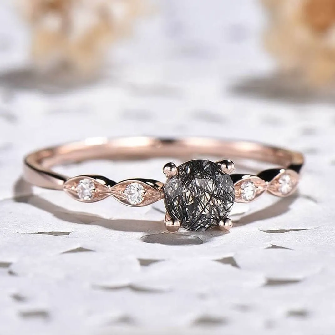 1.0 Carat Round Cut Black Rutilated Quartz Promise Ring