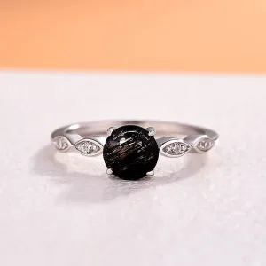 1.0 Carat Round Cut Black Rutilated Quartz Promise Ring