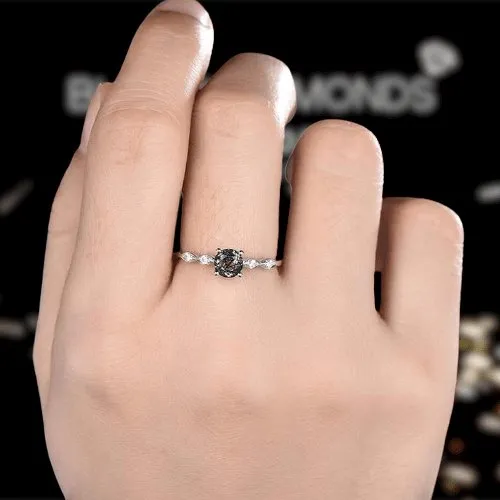 1.0 Carat Round Cut Black Rutilated Quartz Promise Ring
