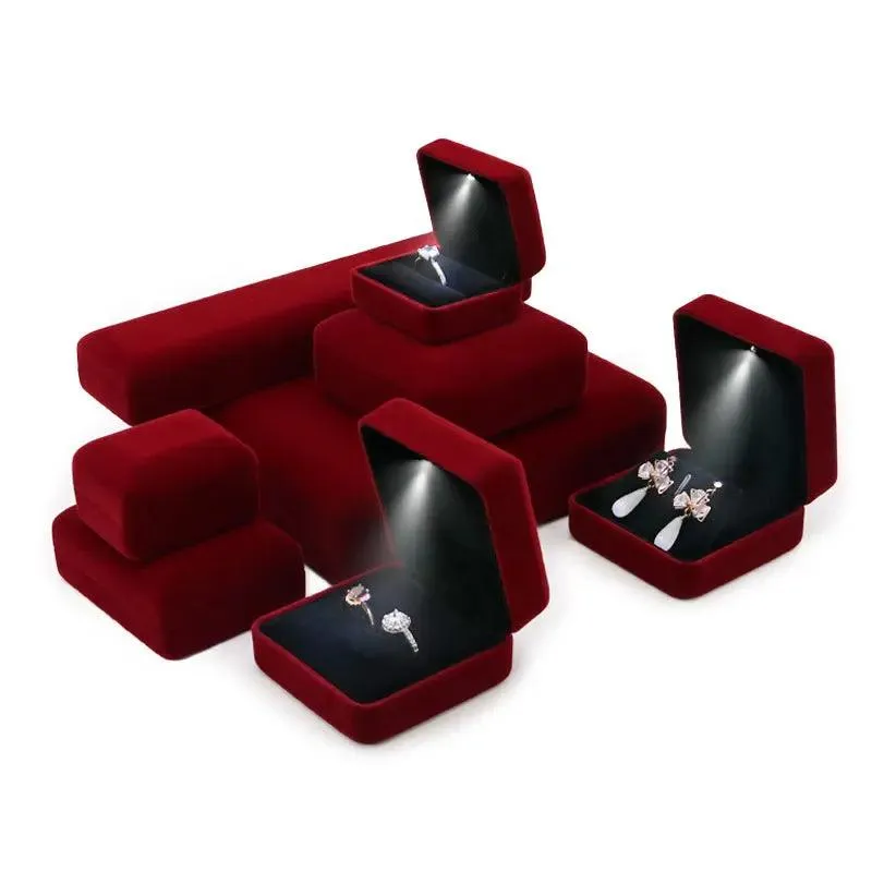 100PCS Custom Logo Jewelry Box Velvet LED Light Jewellery Ring Necklace Bracelet Set Boxes