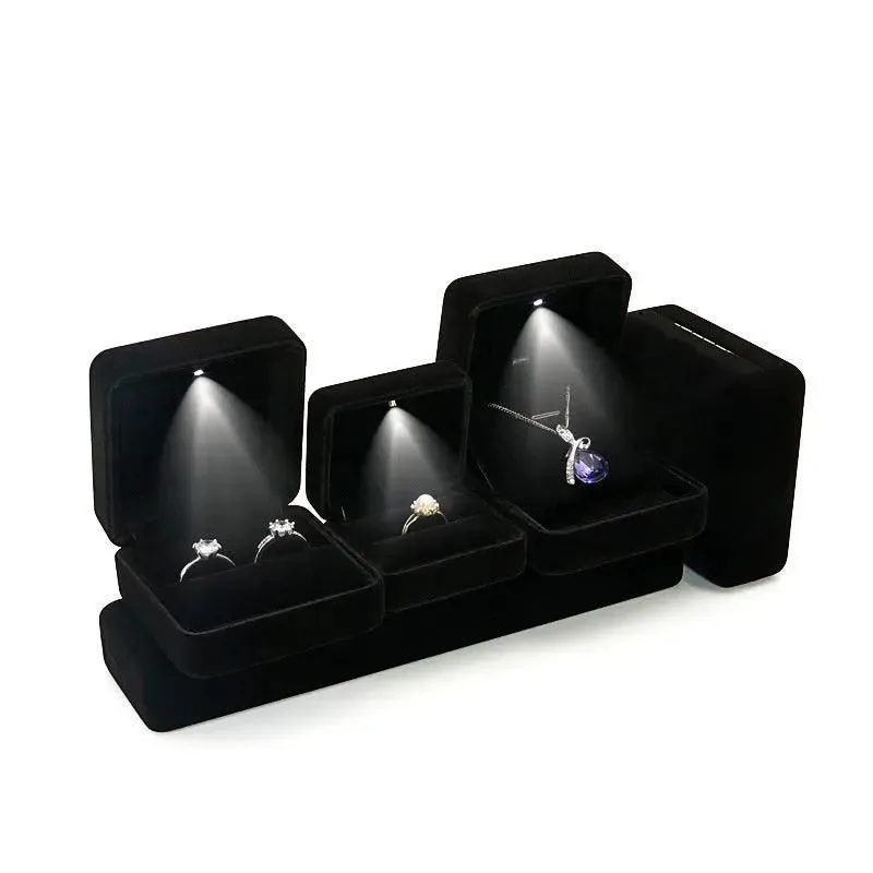 100PCS Custom Logo Jewelry Box Velvet LED Light Jewellery Ring Necklace Bracelet Set Boxes