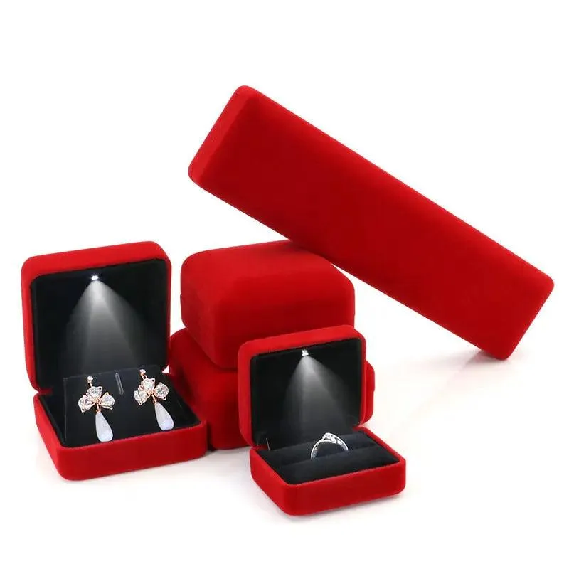 100PCS Custom Logo Jewelry Box Velvet LED Light Jewellery Ring Necklace Bracelet Set Boxes