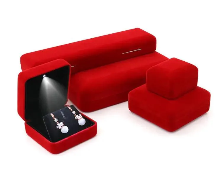 100PCS Custom Logo Jewelry Box Velvet LED Light Jewellery Ring Necklace Bracelet Set Boxes