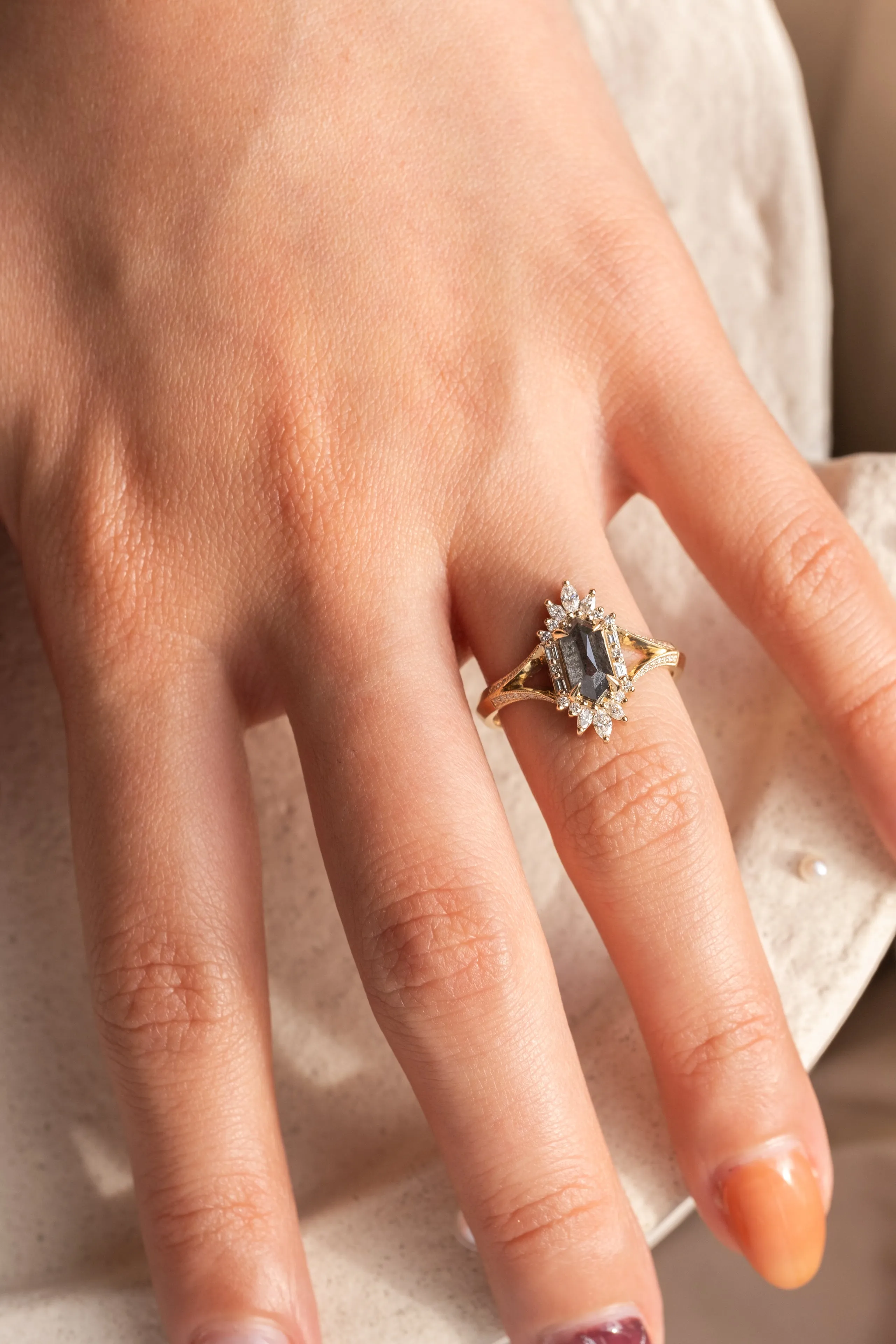 1.01 Carat Black Speckled Hexagon Diamond Engagement Ring, Amelia Setting, 14K Yellow Gold