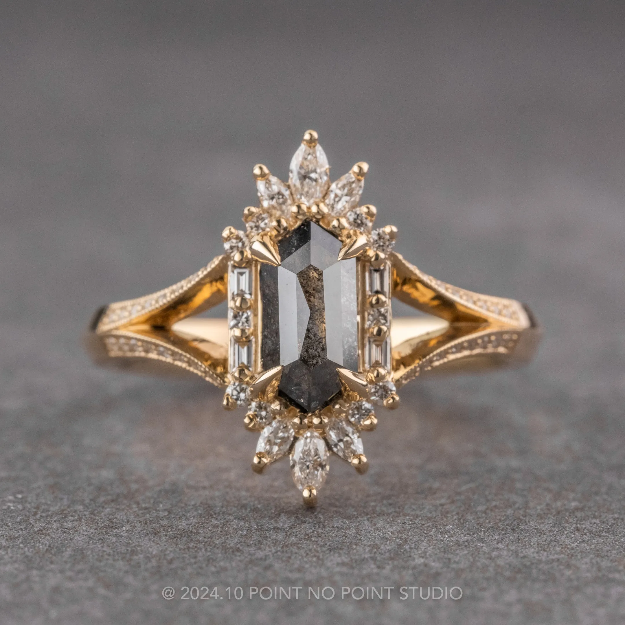 1.01 Carat Black Speckled Hexagon Diamond Engagement Ring, Amelia Setting, 14K Yellow Gold