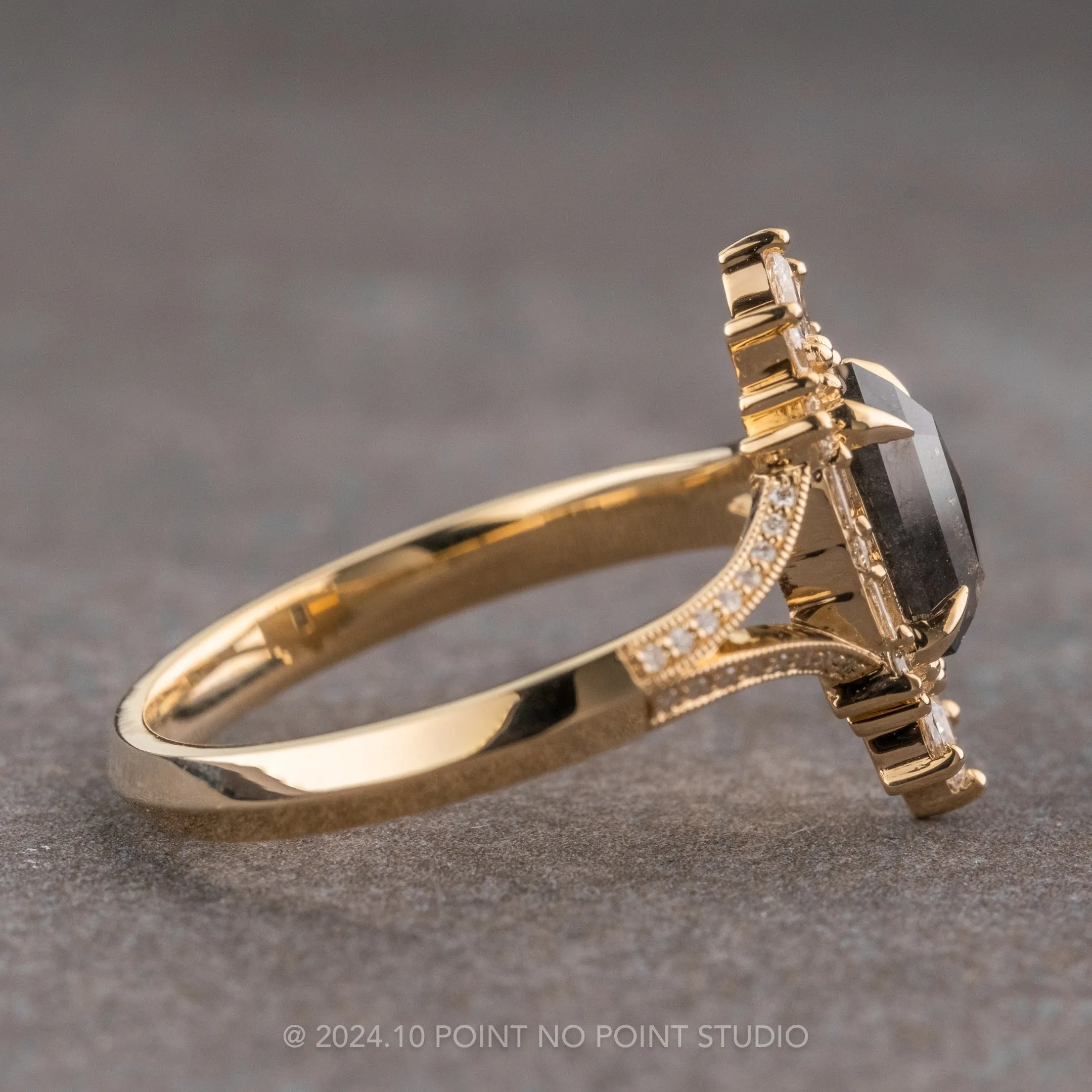 1.01 Carat Black Speckled Hexagon Diamond Engagement Ring, Amelia Setting, 14K Yellow Gold