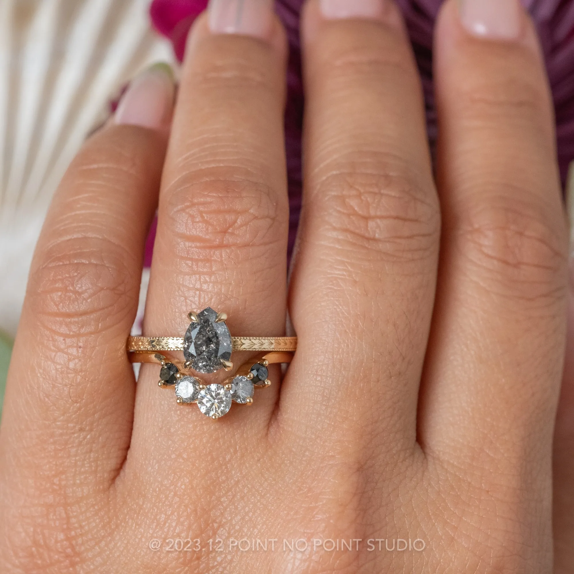 1.04 Carat Black Speckled Pear Diamond Engagement Ring, Engraved Basket Jane Setting, 14k Yellow Gold