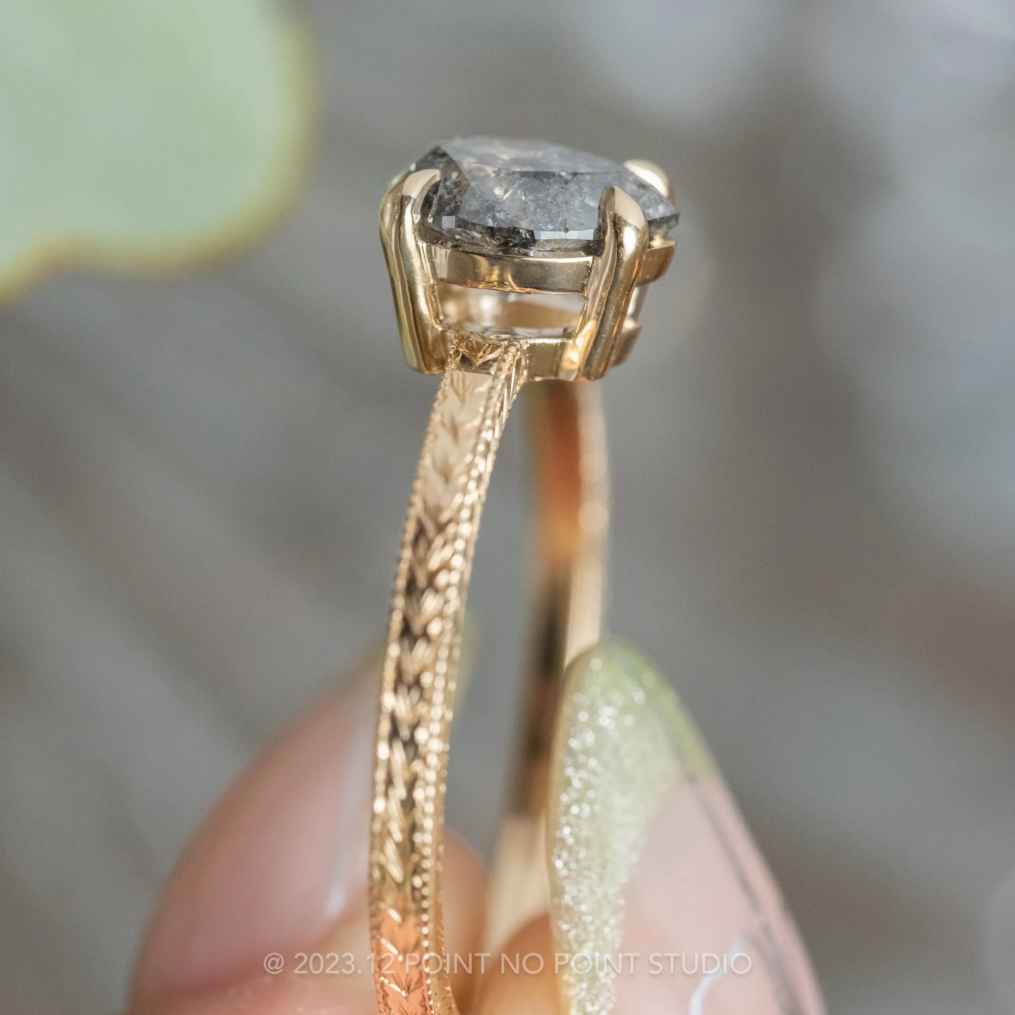 1.04 Carat Black Speckled Pear Diamond Engagement Ring, Engraved Basket Jane Setting, 14k Yellow Gold