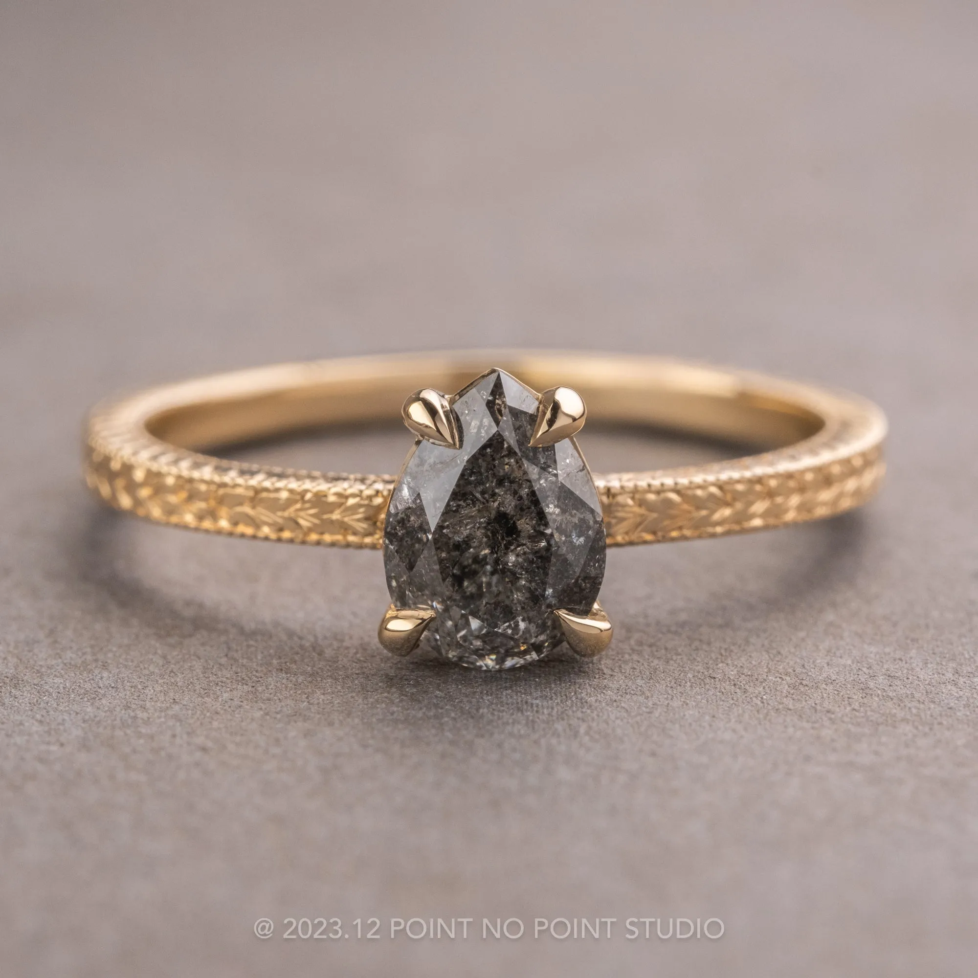 1.04 Carat Black Speckled Pear Diamond Engagement Ring, Engraved Basket Jane Setting, 14k Yellow Gold