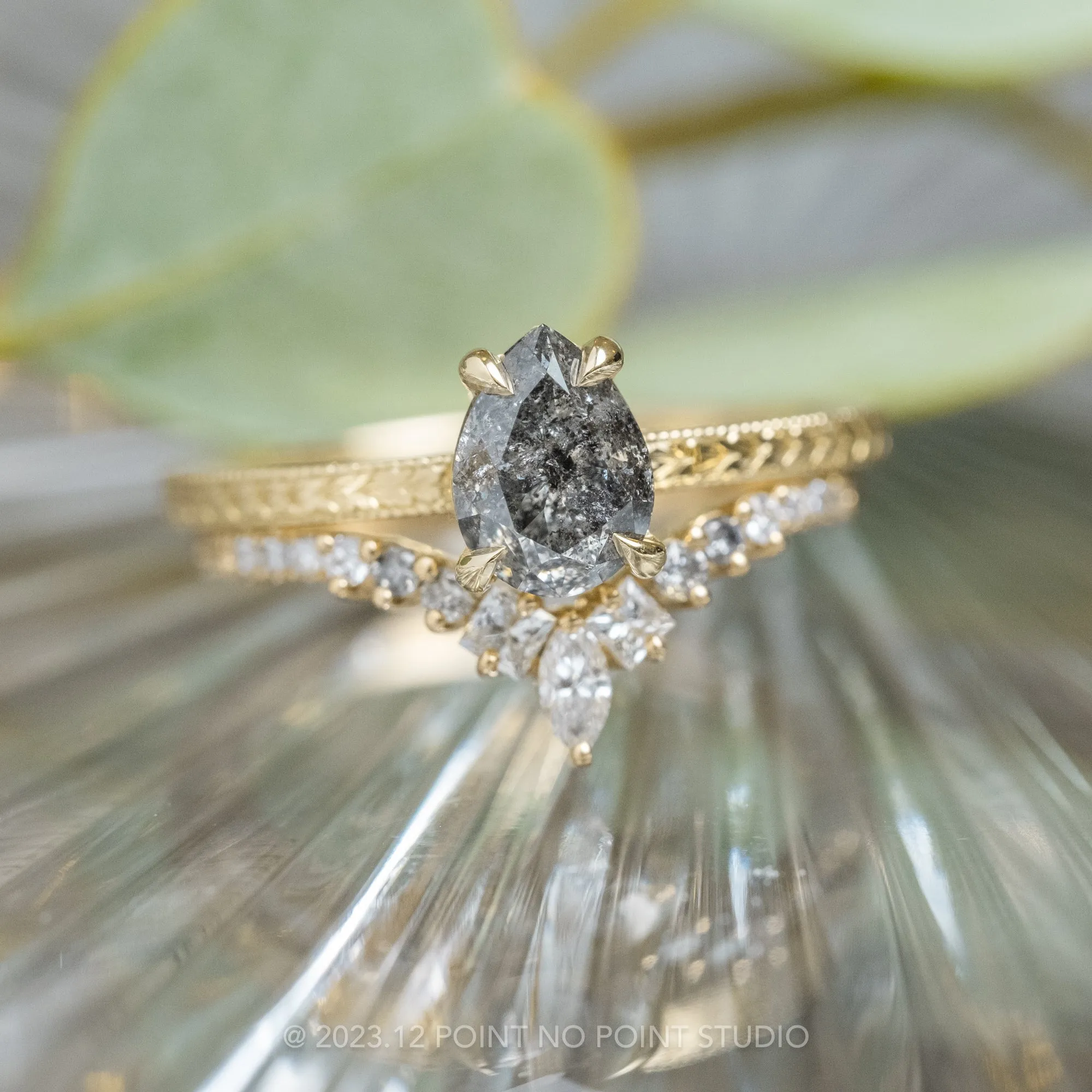 1.04 Carat Black Speckled Pear Diamond Engagement Ring, Engraved Basket Jane Setting, 14k Yellow Gold