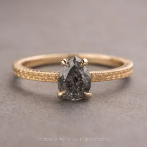 1.04 Carat Black Speckled Pear Diamond Engagement Ring, Engraved Basket Jane Setting, 14k Yellow Gold