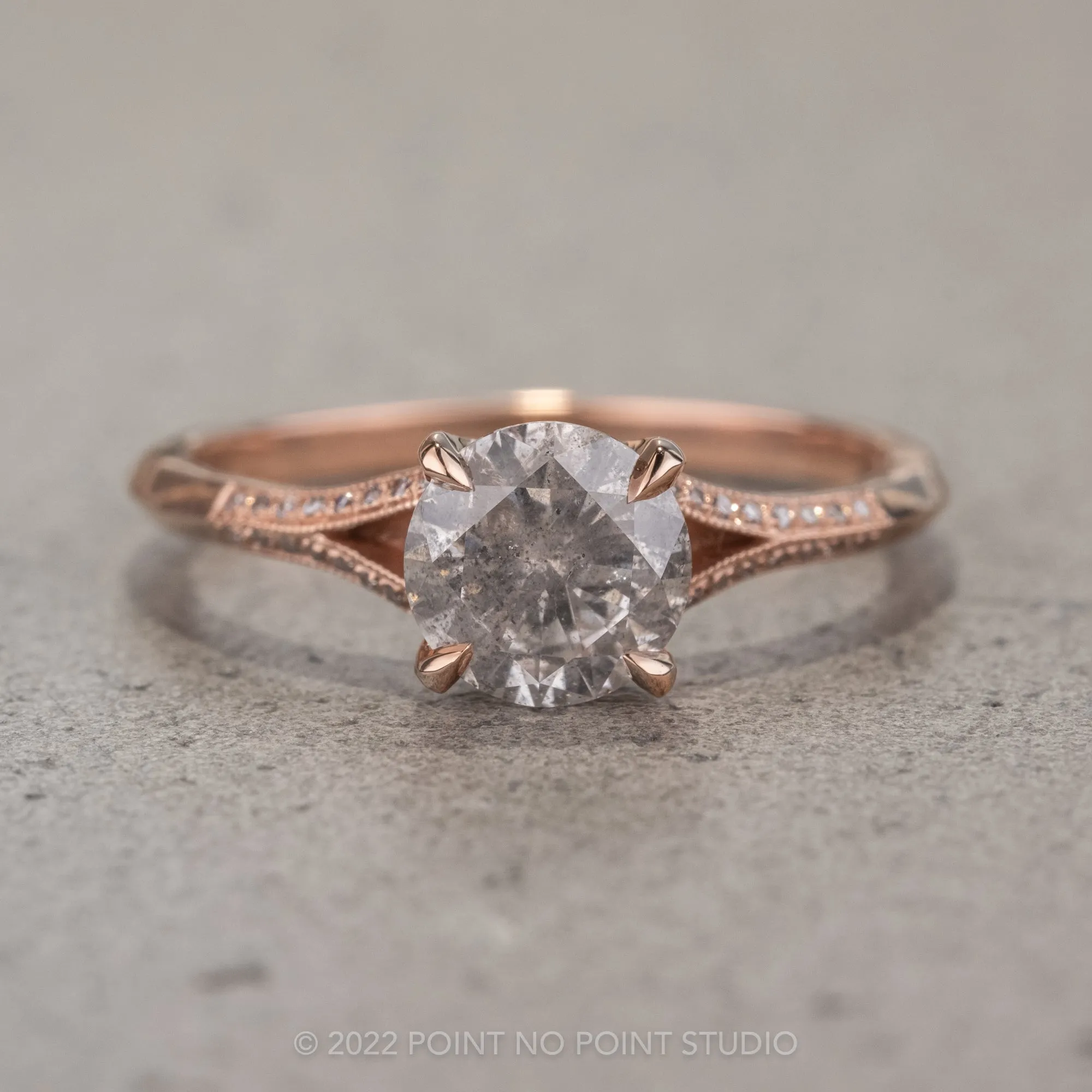 1.04 Carat Salt and Pepper Round Diamond Engagement Ring, Mackenzie Setting, 14K Rose Gold