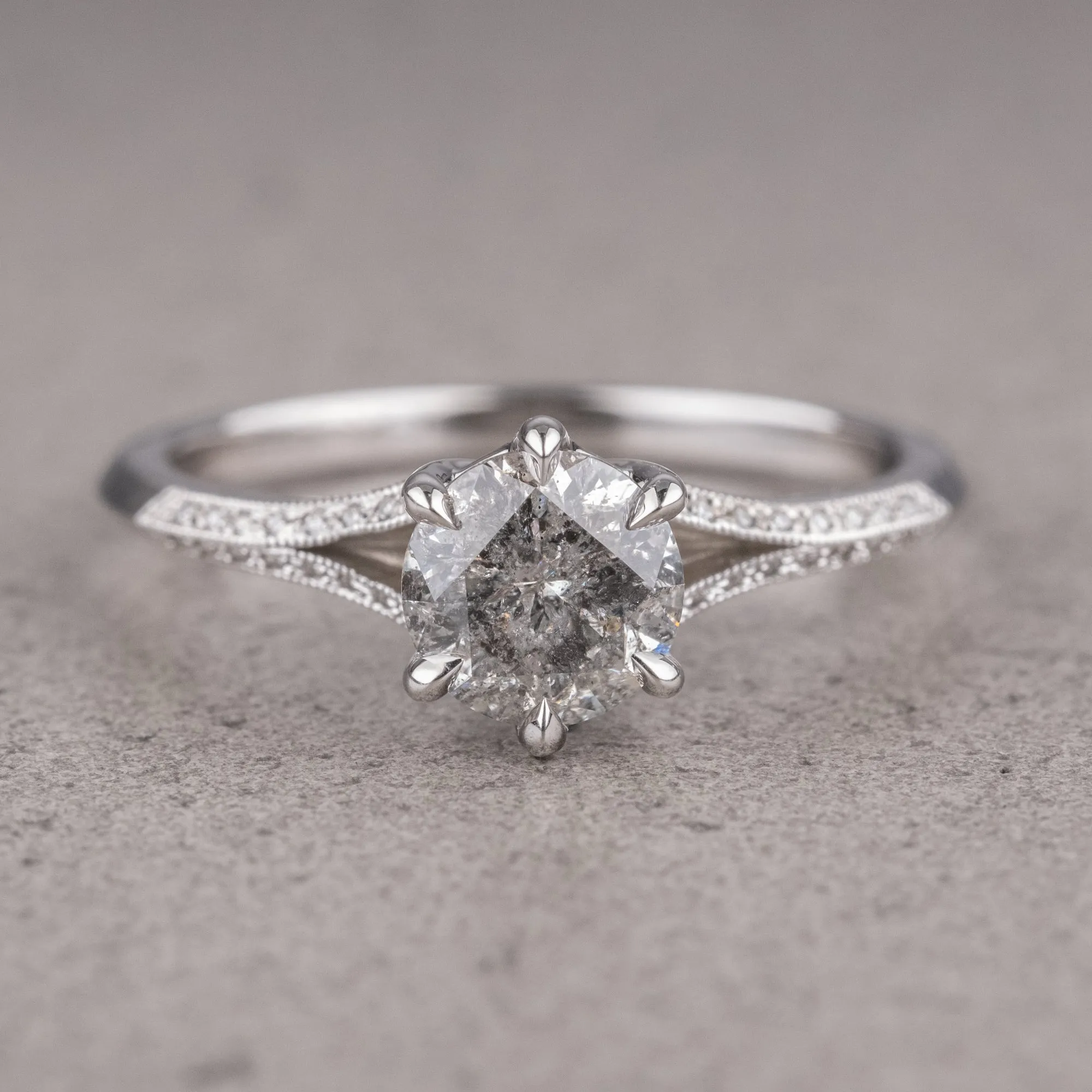 1.04 Carat Salt and Pepper Round Diamond Engagement Ring, Mackenzie Setting, 14K White Gold