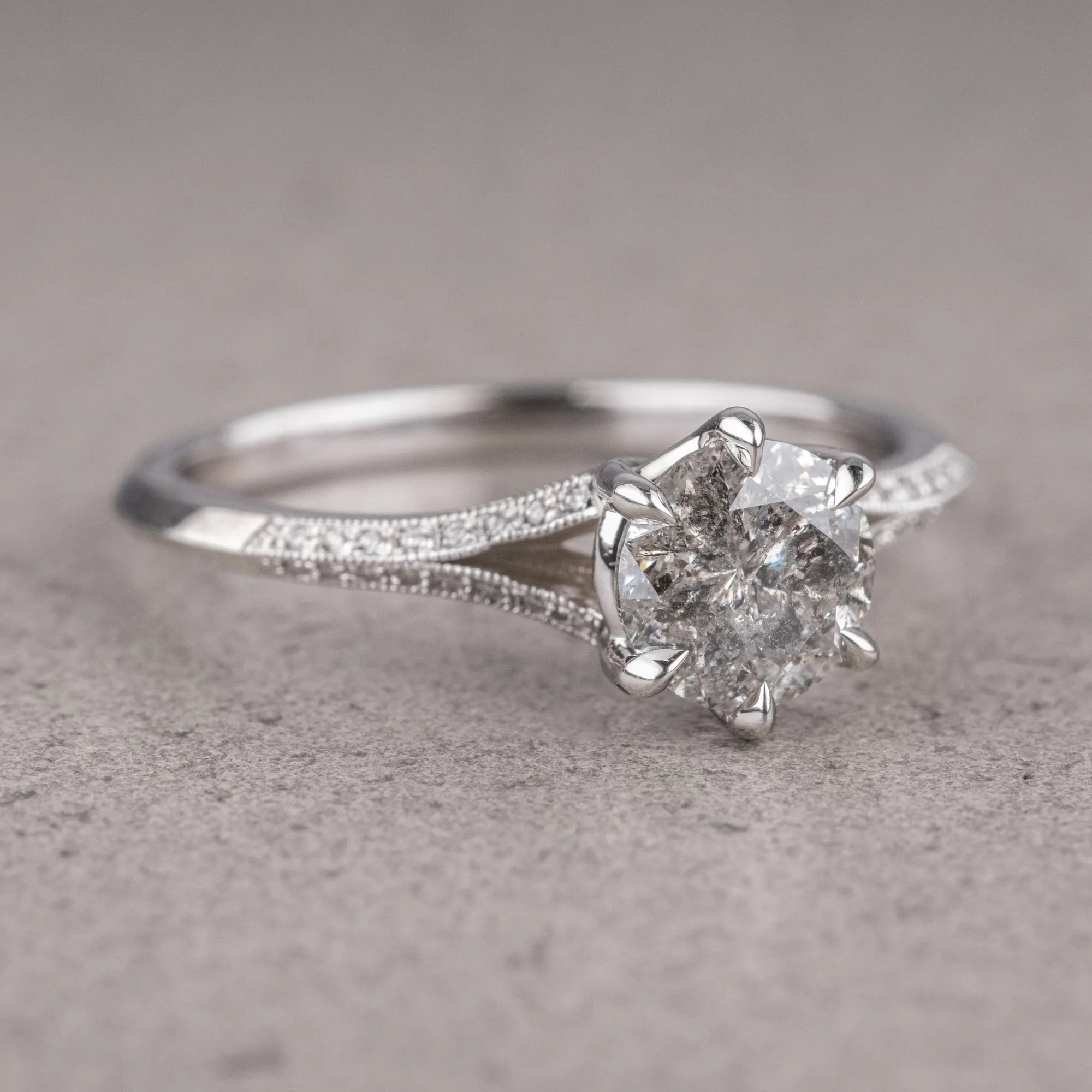 1.04 Carat Salt and Pepper Round Diamond Engagement Ring, Mackenzie Setting, 14K White Gold