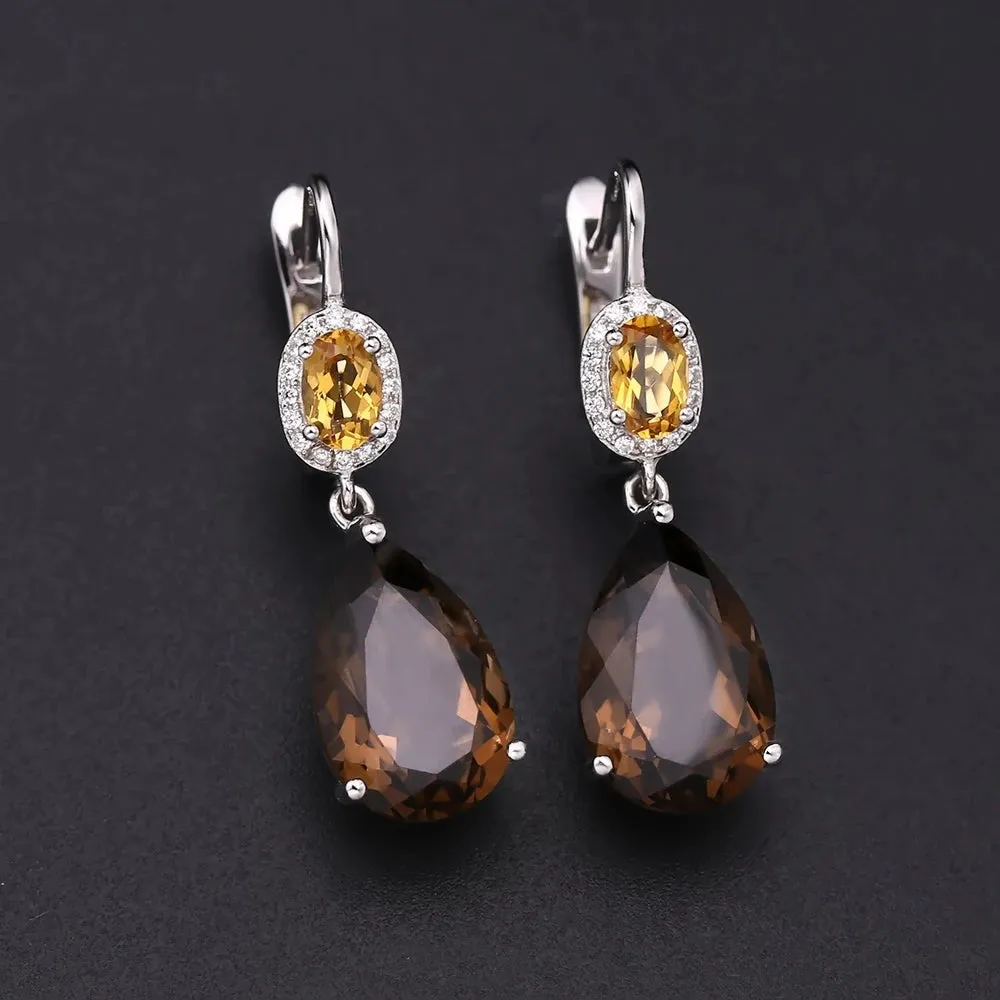 10.44Ct Smoky Quartz & Citrine Drop Earrings in 925 Sterling Silver