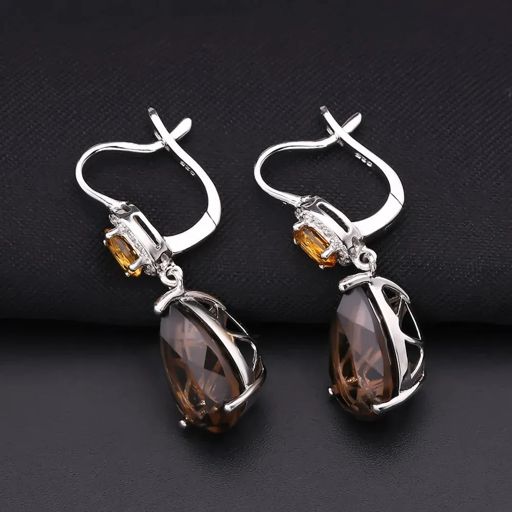 10.44Ct Smoky Quartz & Citrine Drop Earrings in 925 Sterling Silver