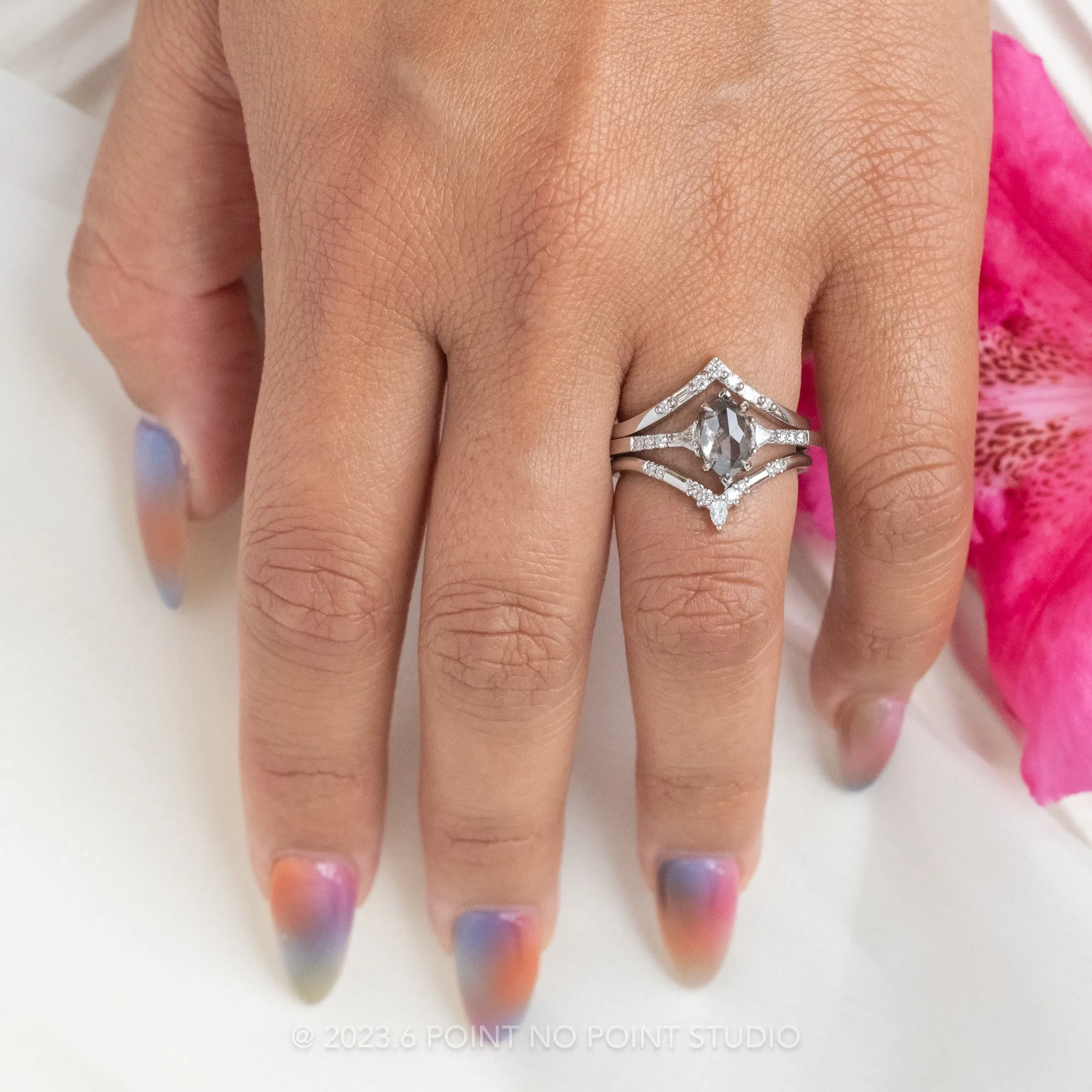 1.06 Carat Salt and Pepper Marquise Diamond Engagement Ring, Eliza Setting, 14K White Gold