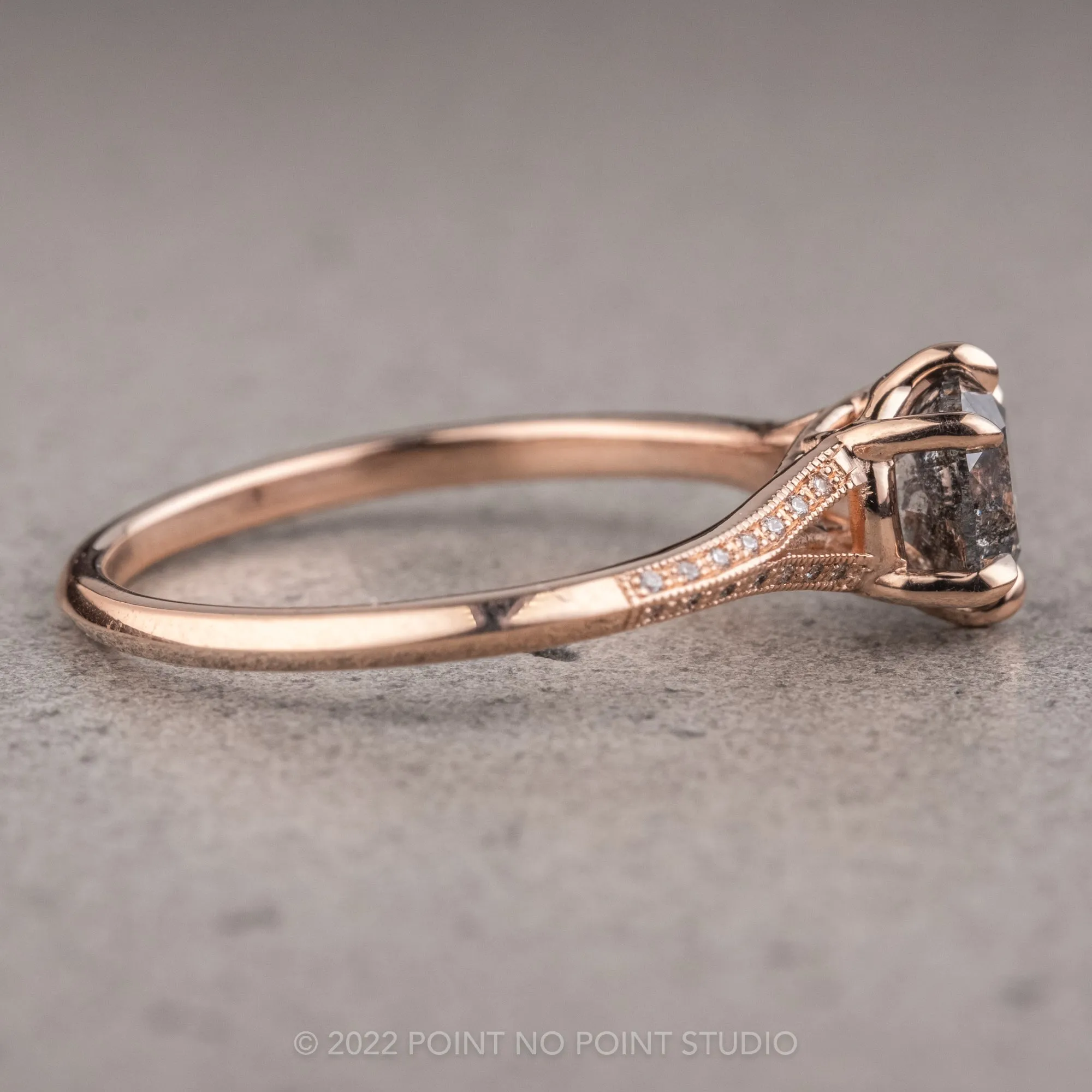 1.07 Carat Salt and Pepper Round Diamond Engagement Ring, Mackenzie Setting, 14k Rose Gold