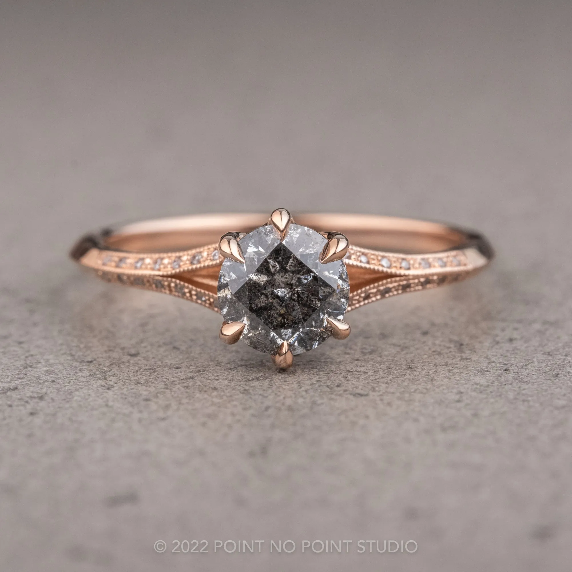 1.07 Carat Salt and Pepper Round Diamond Engagement Ring, Mackenzie Setting, 14k Rose Gold