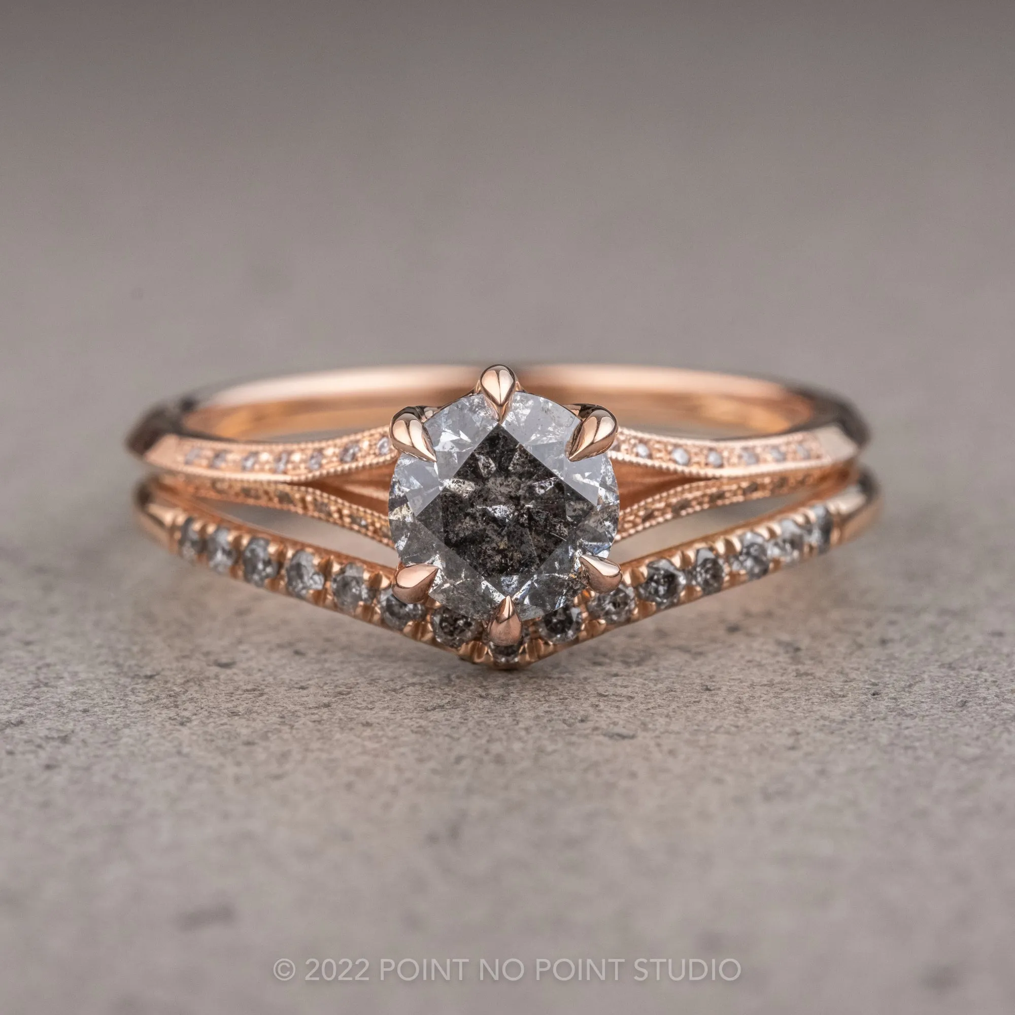 1.07 Carat Salt and Pepper Round Diamond Engagement Ring, Mackenzie Setting, 14k Rose Gold