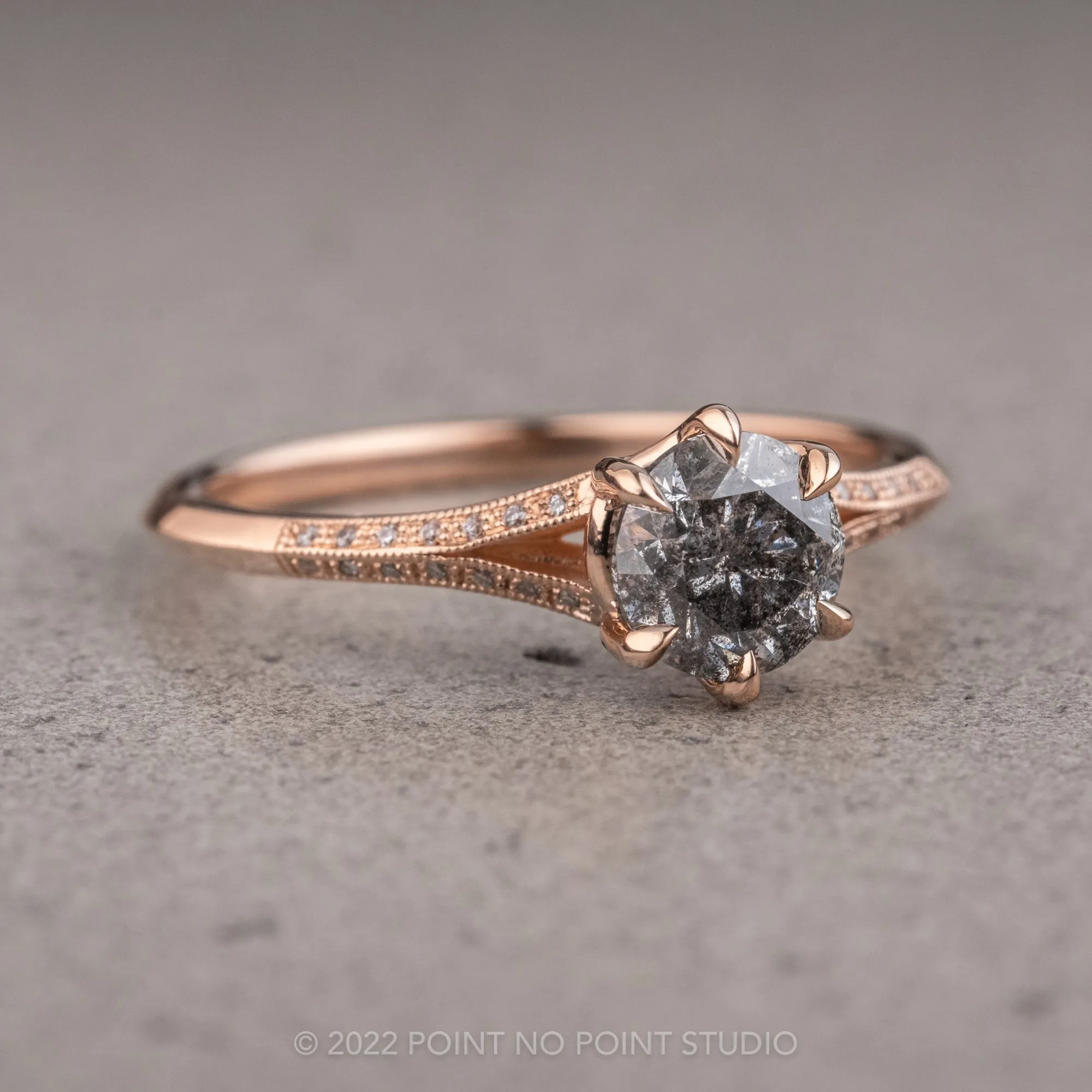 1.07 Carat Salt and Pepper Round Diamond Engagement Ring, Mackenzie Setting, 14k Rose Gold