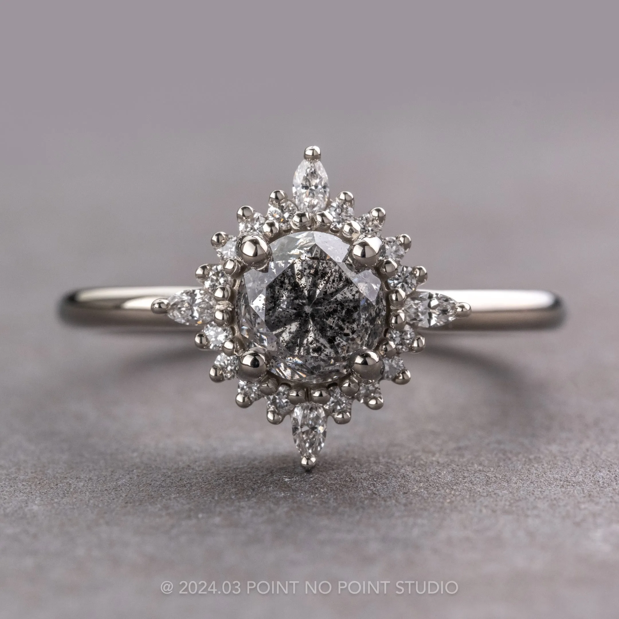 1.09 Carat Salt and Pepper Round Diamond Engagement Ring, Cosette Setting, Platinum