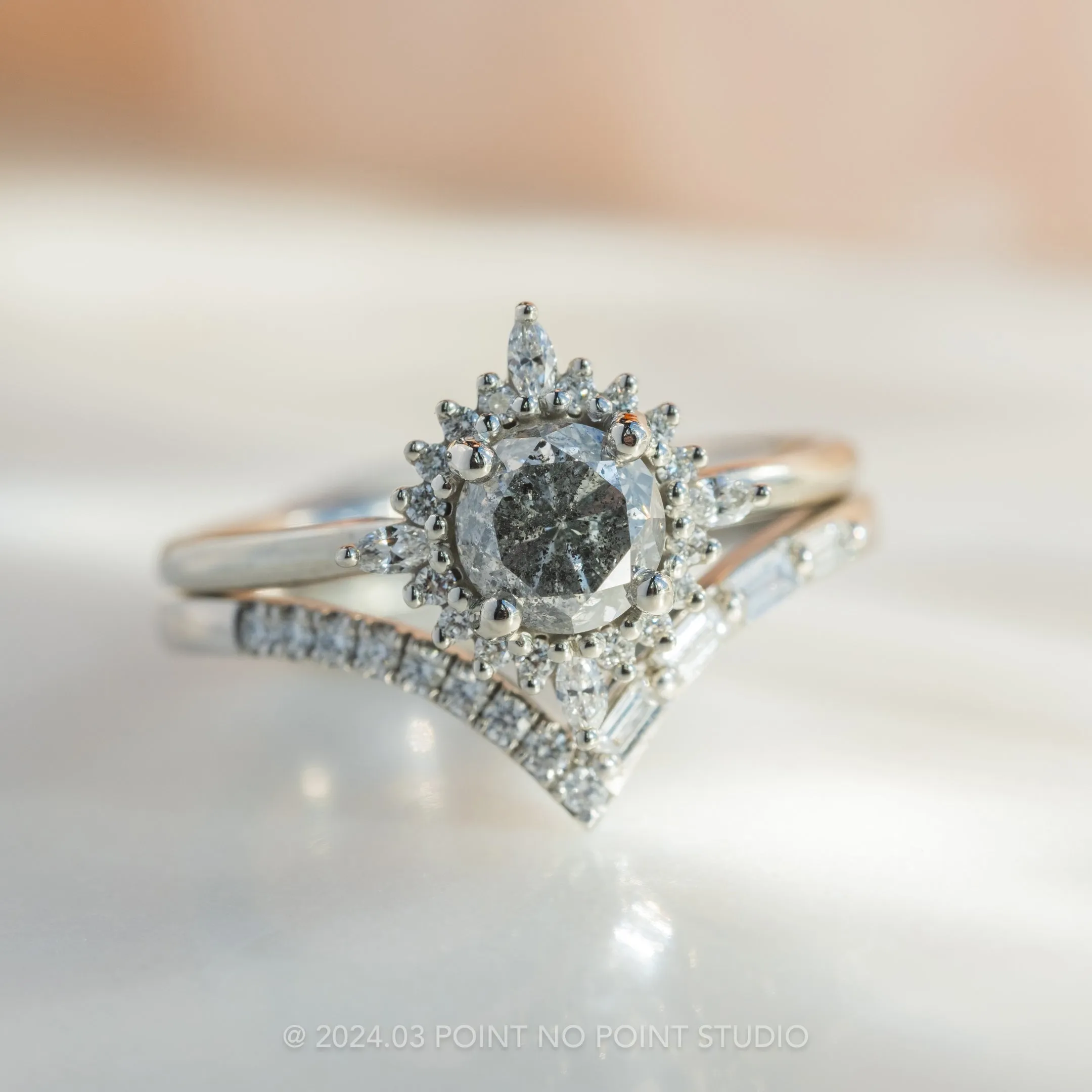 1.09 Carat Salt and Pepper Round Diamond Engagement Ring, Cosette Setting, Platinum