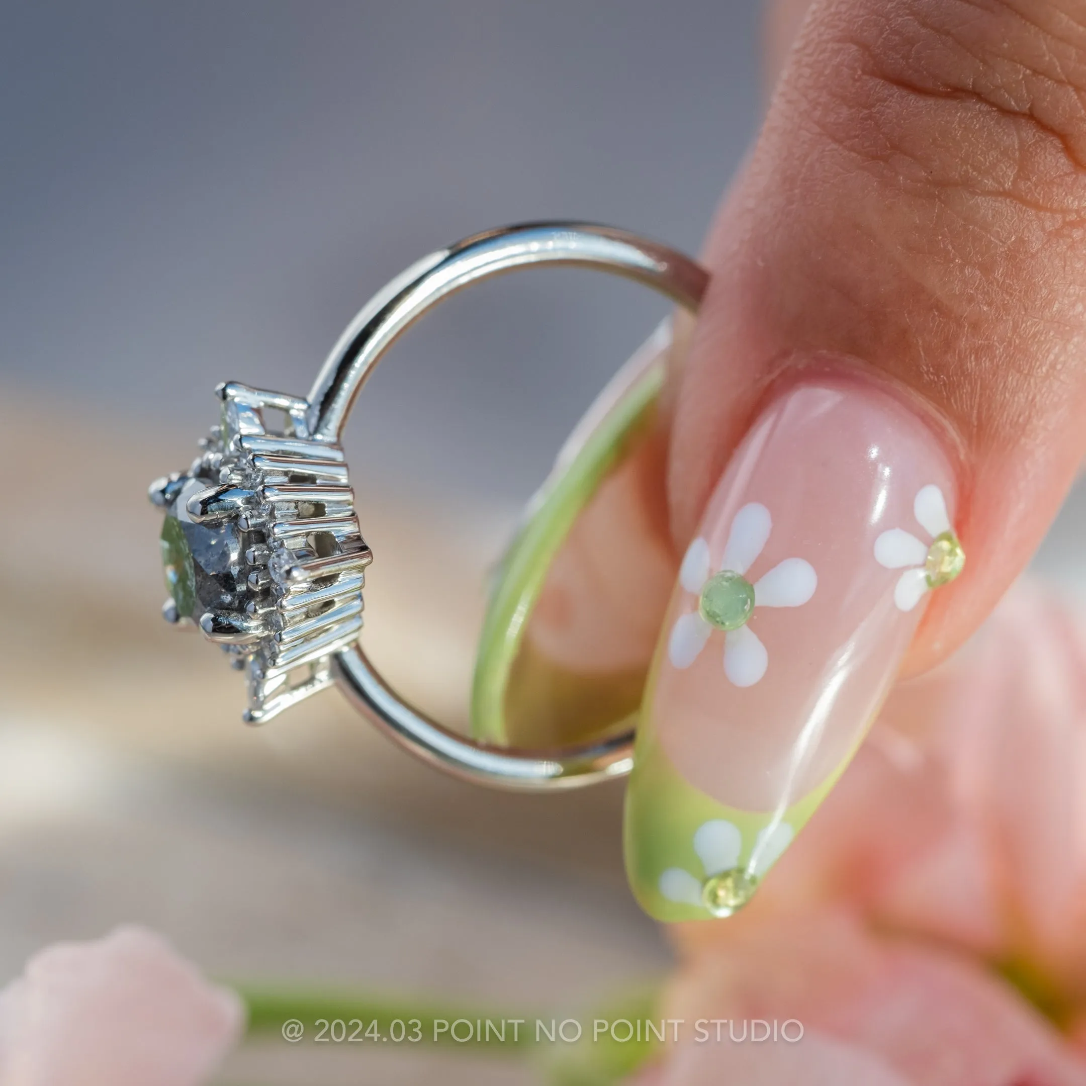 1.09 Carat Salt and Pepper Round Diamond Engagement Ring, Cosette Setting, Platinum