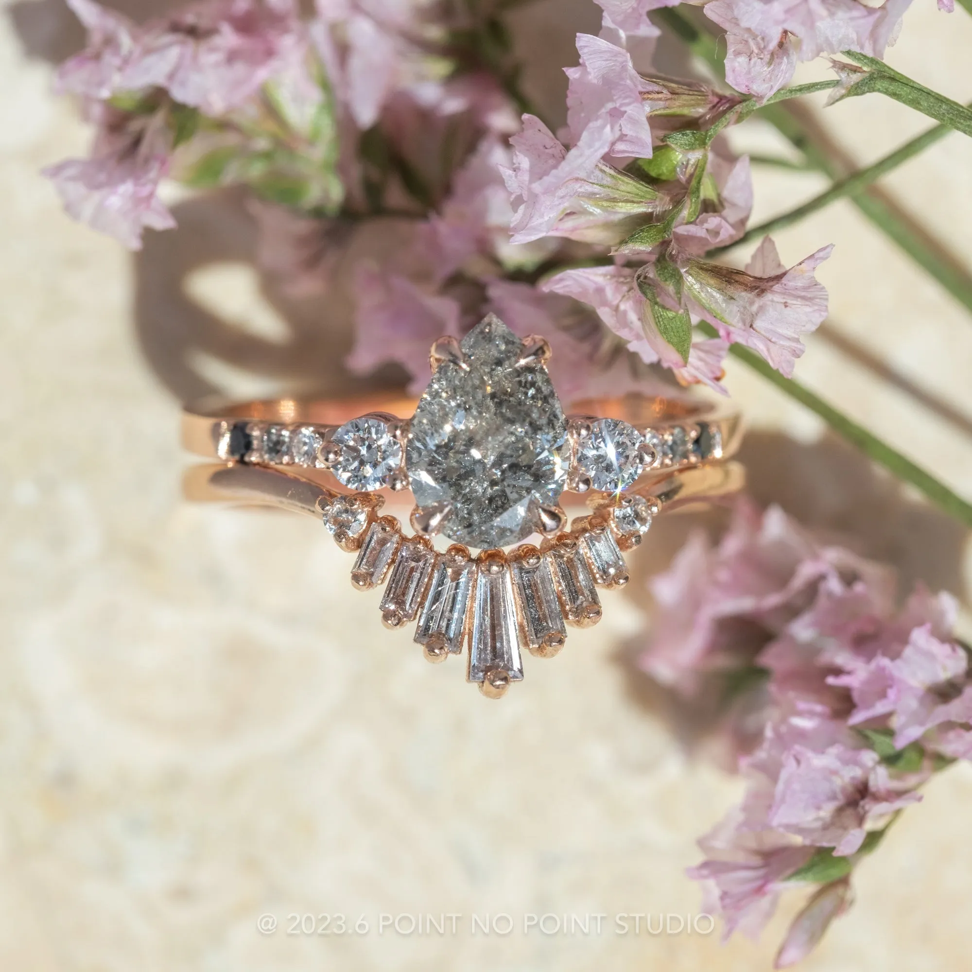 1.11 Carat Salt and Pepper Pear Diamond Engagement Ring, Ombre Eliza Setting, 14K Rose Gold