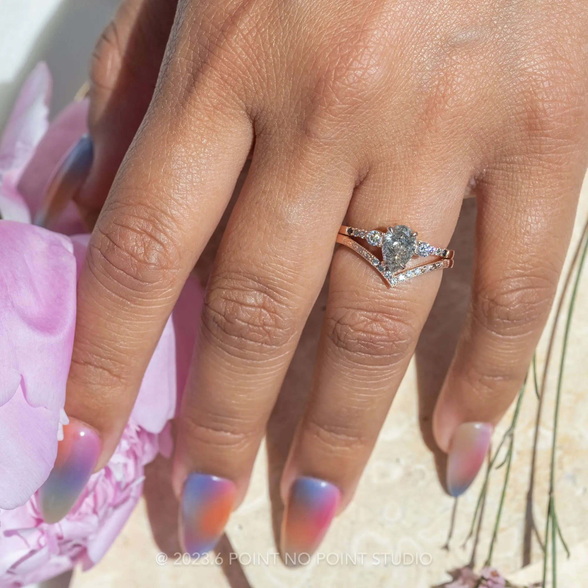 1.11 Carat Salt and Pepper Pear Diamond Engagement Ring, Ombre Eliza Setting, 14K Rose Gold