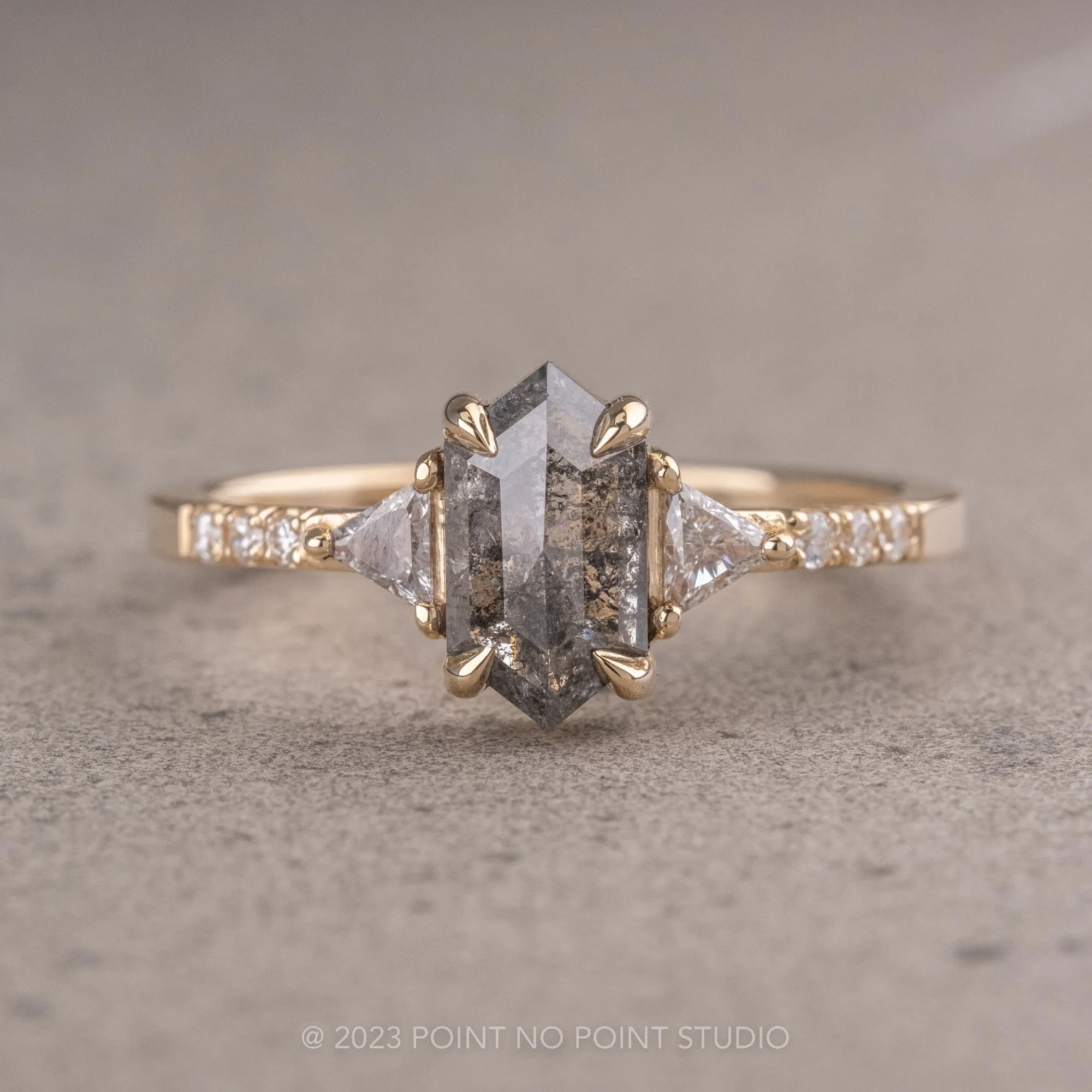 1.12 Carat Salt and Pepper Hexagon Diamond Engagement Ring, Eliza Setting, 14K Yellow Gold