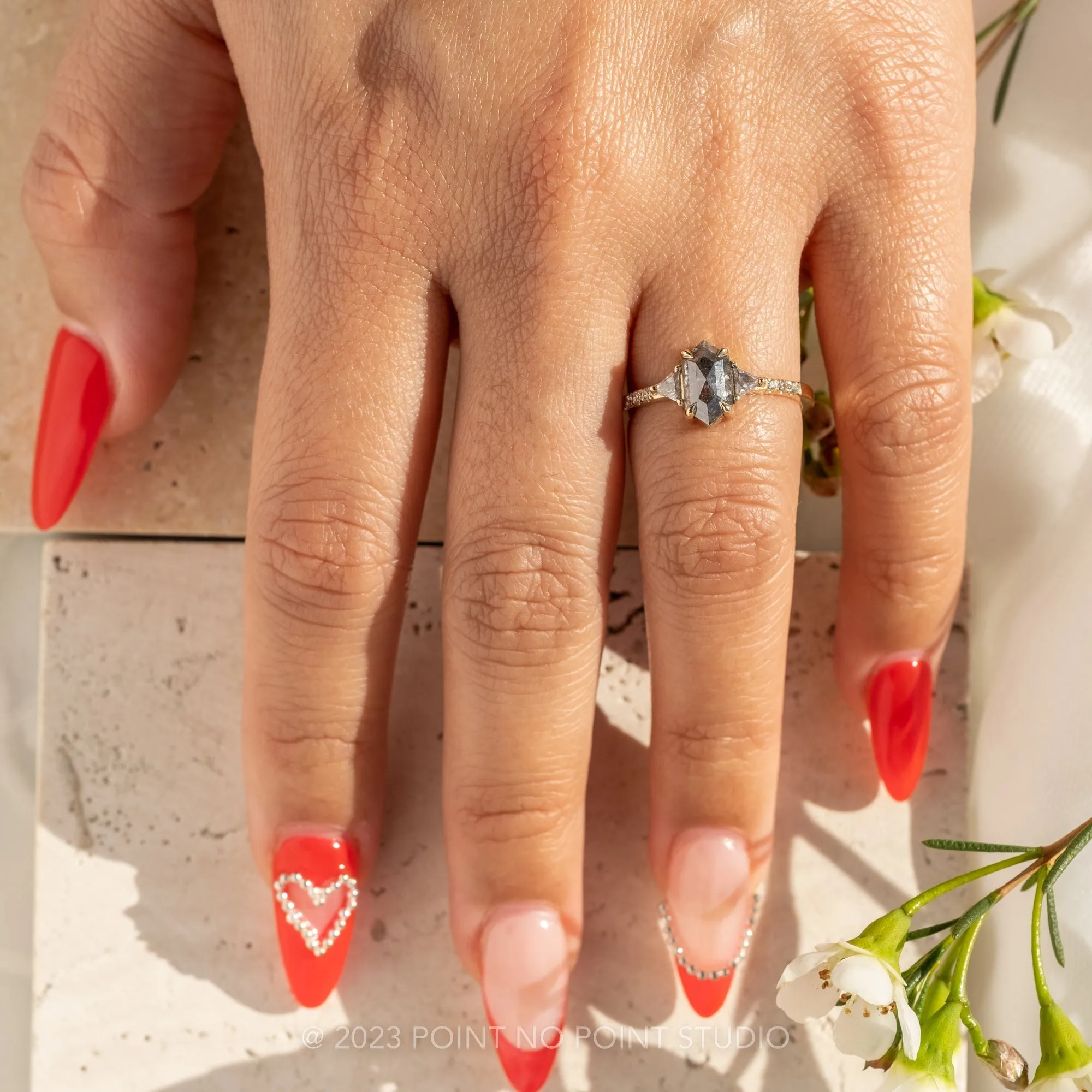 1.12 Carat Salt and Pepper Hexagon Diamond Engagement Ring, Eliza Setting, 14K Yellow Gold