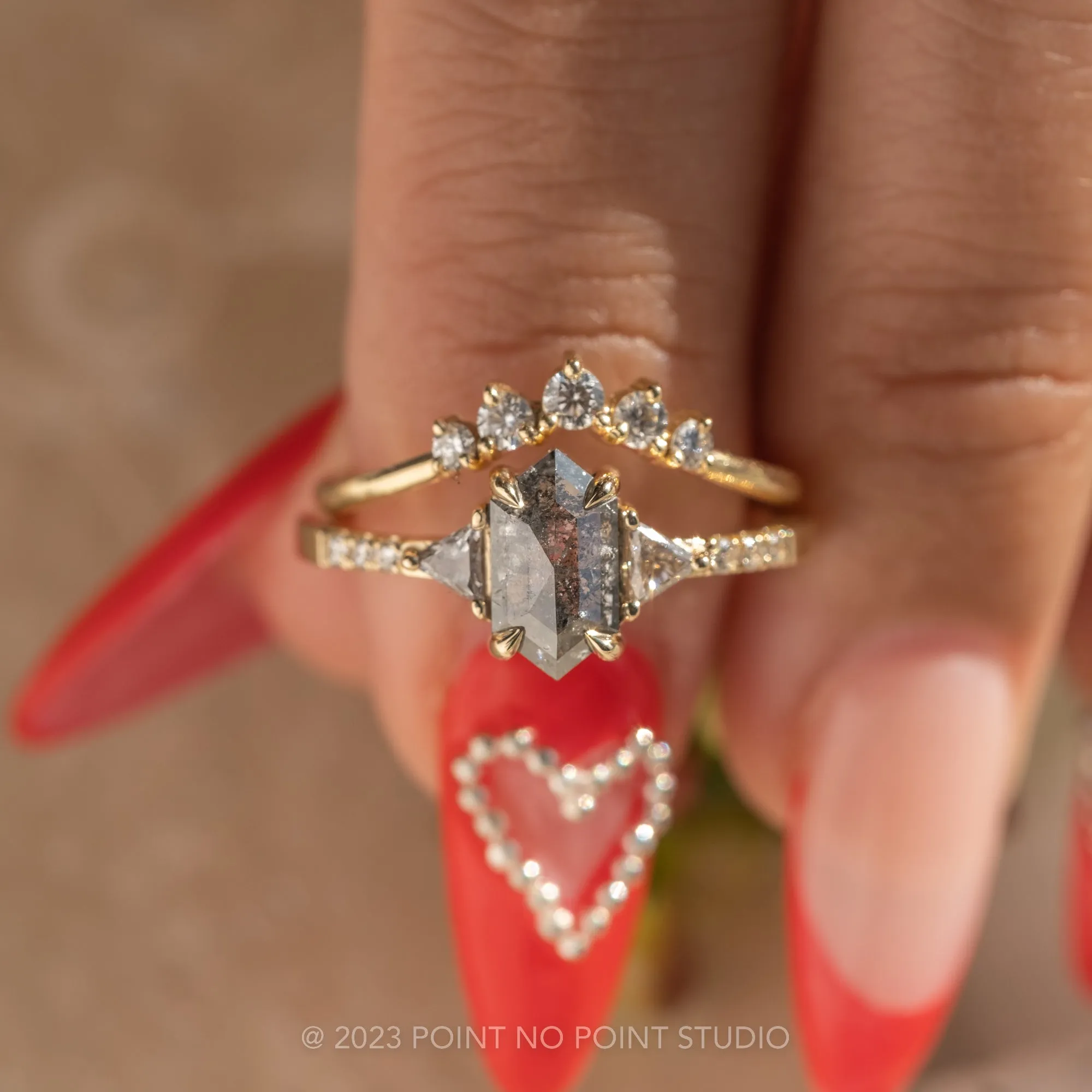 1.12 Carat Salt and Pepper Hexagon Diamond Engagement Ring, Eliza Setting, 14K Yellow Gold