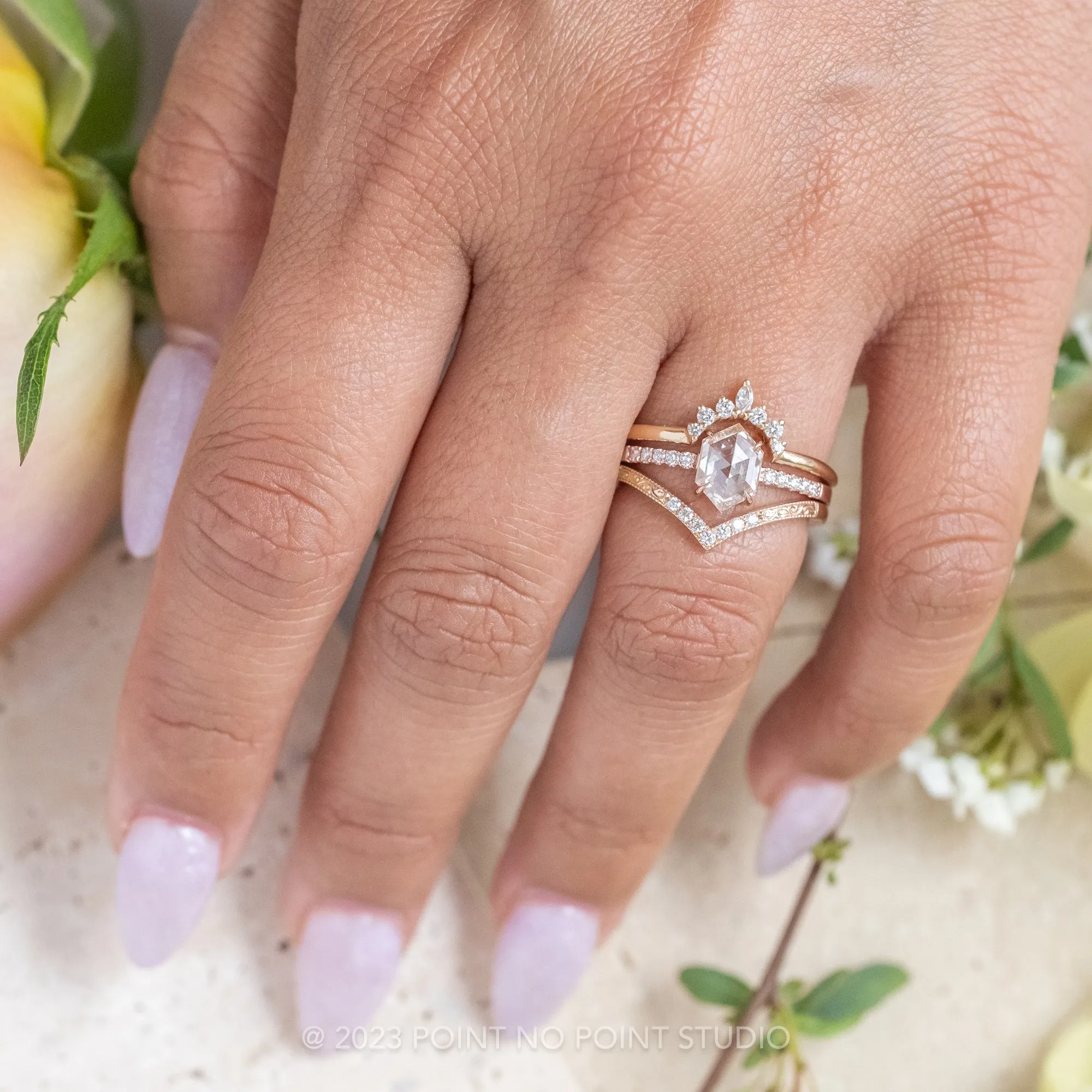 1.14 Carat Clear Hexagon Diamond Engagement Ring, Jules Setting, 14k Rose Gold