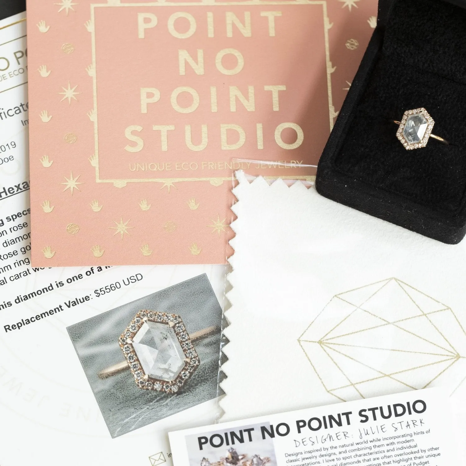 1.14 Carat Clear Hexagon Diamond Engagement Ring, Jules Setting, 14k Rose Gold