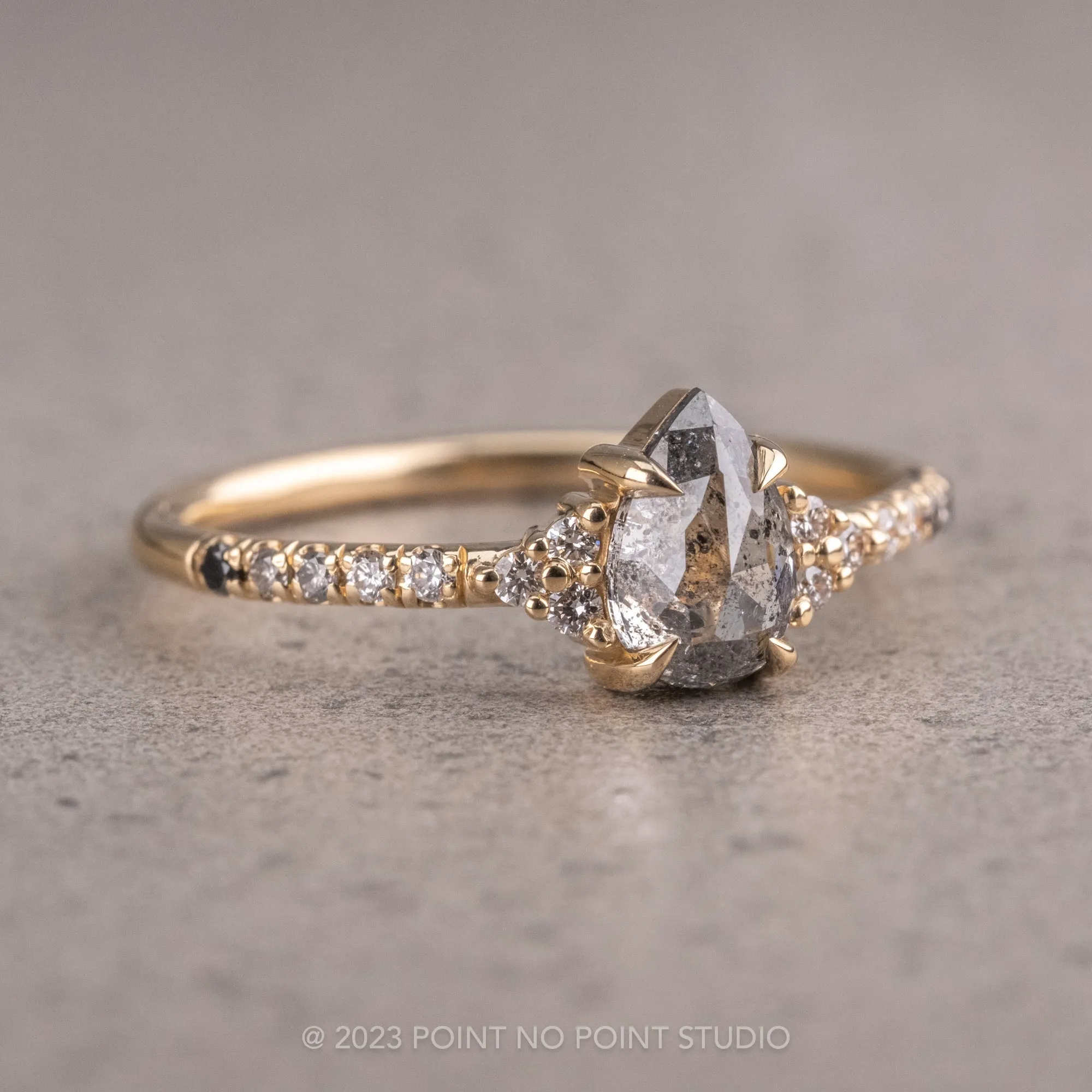 1.14 Carat Salt and Pepper Pear Diamond Engagement Ring, Ombre Quincy Setting, 14K Yellow Gold