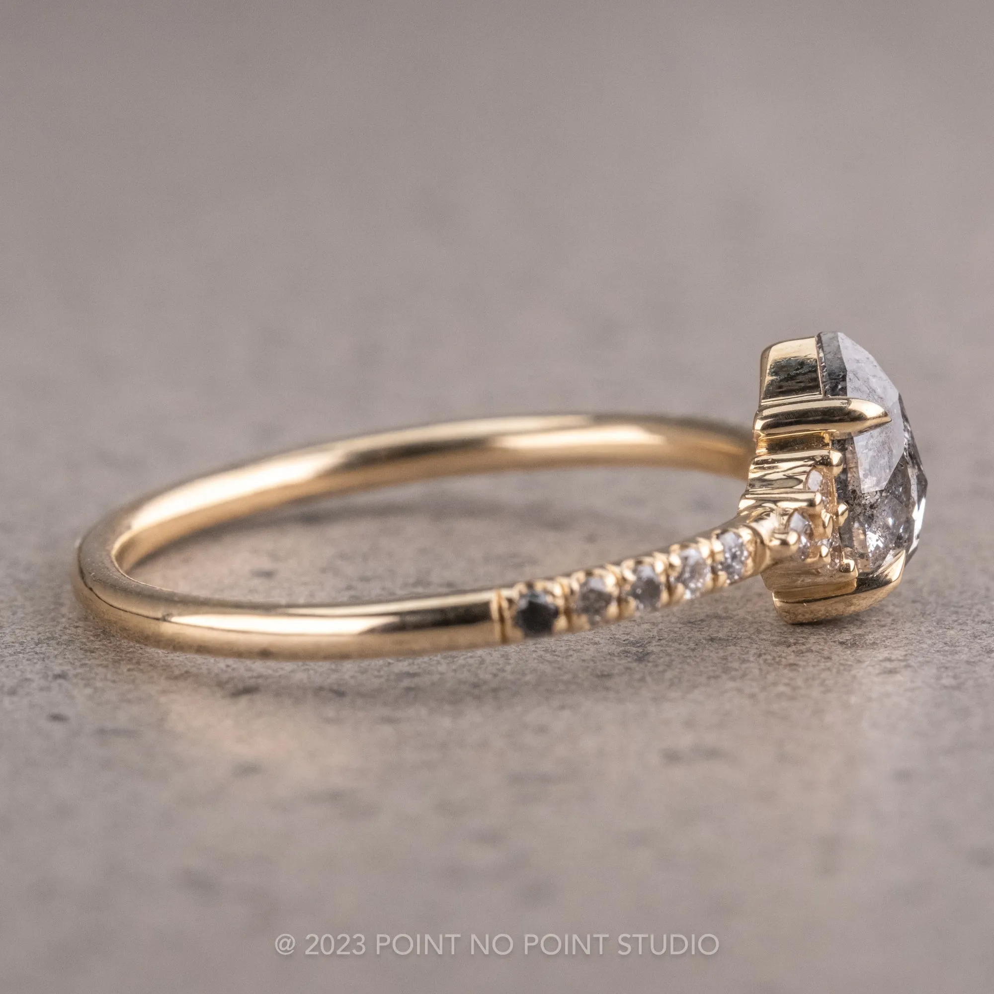1.14 Carat Salt and Pepper Pear Diamond Engagement Ring, Ombre Quincy Setting, 14K Yellow Gold