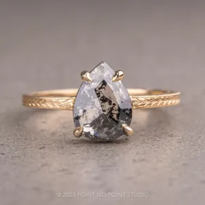 1.15 Carat Salt and Pepper Pear Diamond Engagement Ring, Engraved Jane Setting, 14K Yellow Gold