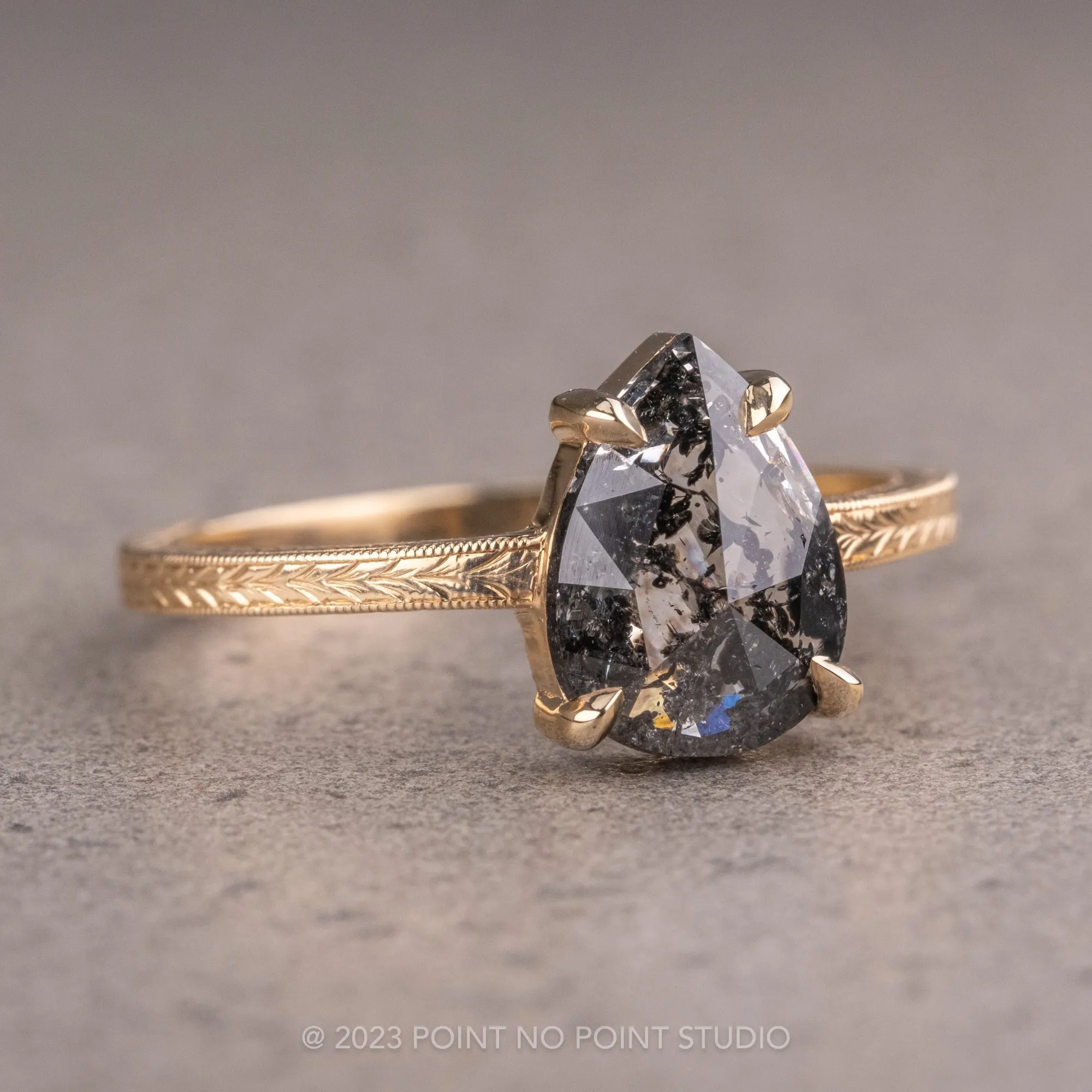 1.15 Carat Salt and Pepper Pear Diamond Engagement Ring, Engraved Jane Setting, 14K Yellow Gold