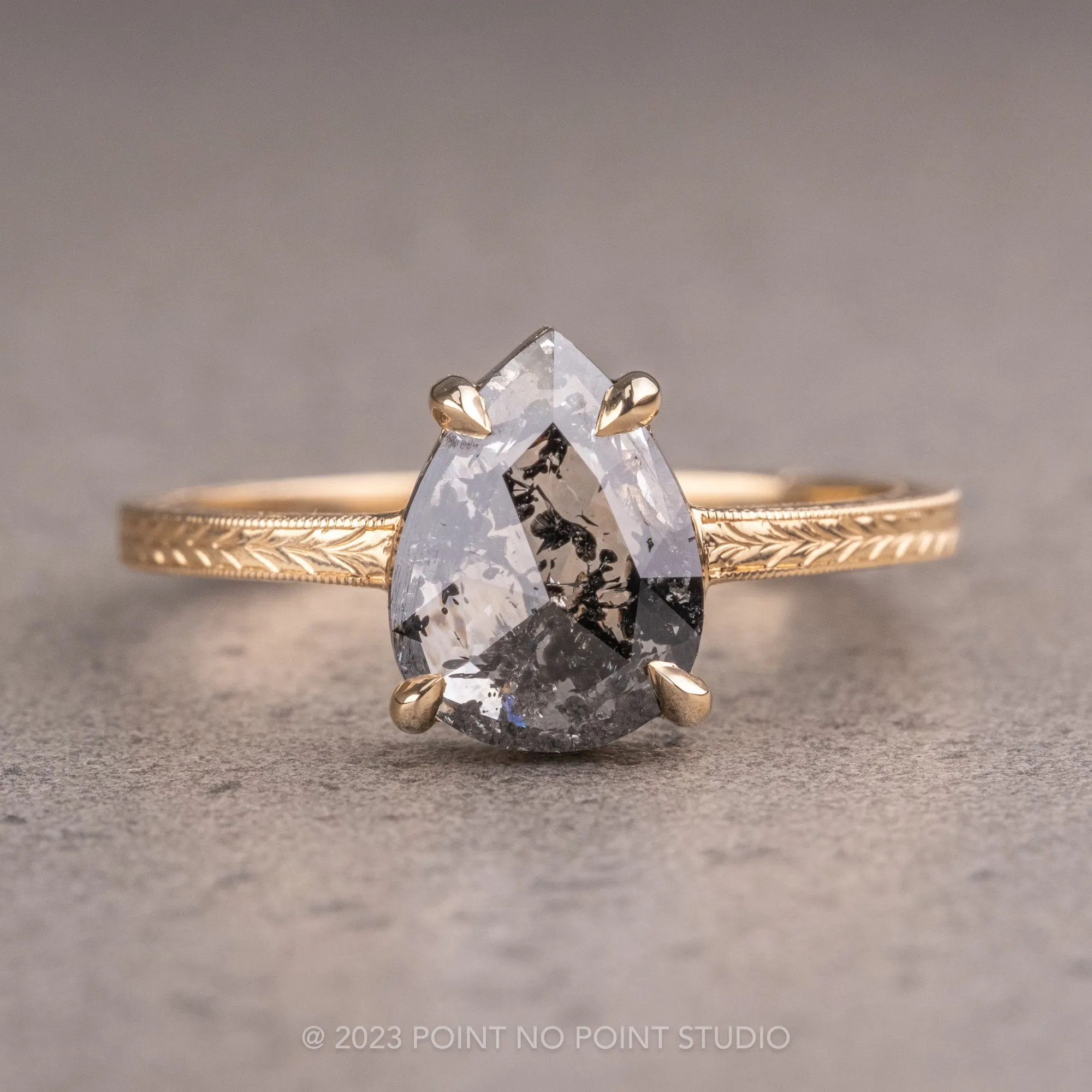 1.15 Carat Salt and Pepper Pear Diamond Engagement Ring, Engraved Jane Setting, 14K Yellow Gold
