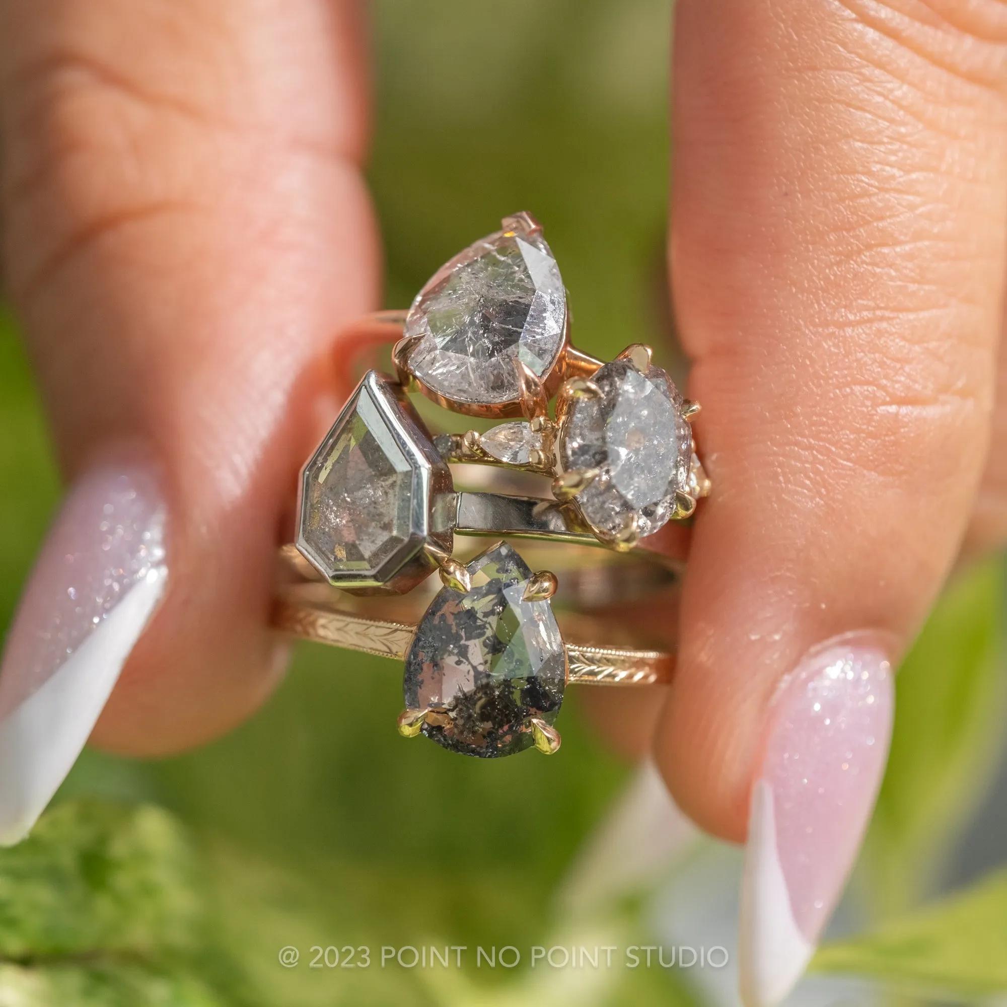 1.15 Carat Salt and Pepper Pear Diamond Engagement Ring, Engraved Jane Setting, 14K Yellow Gold