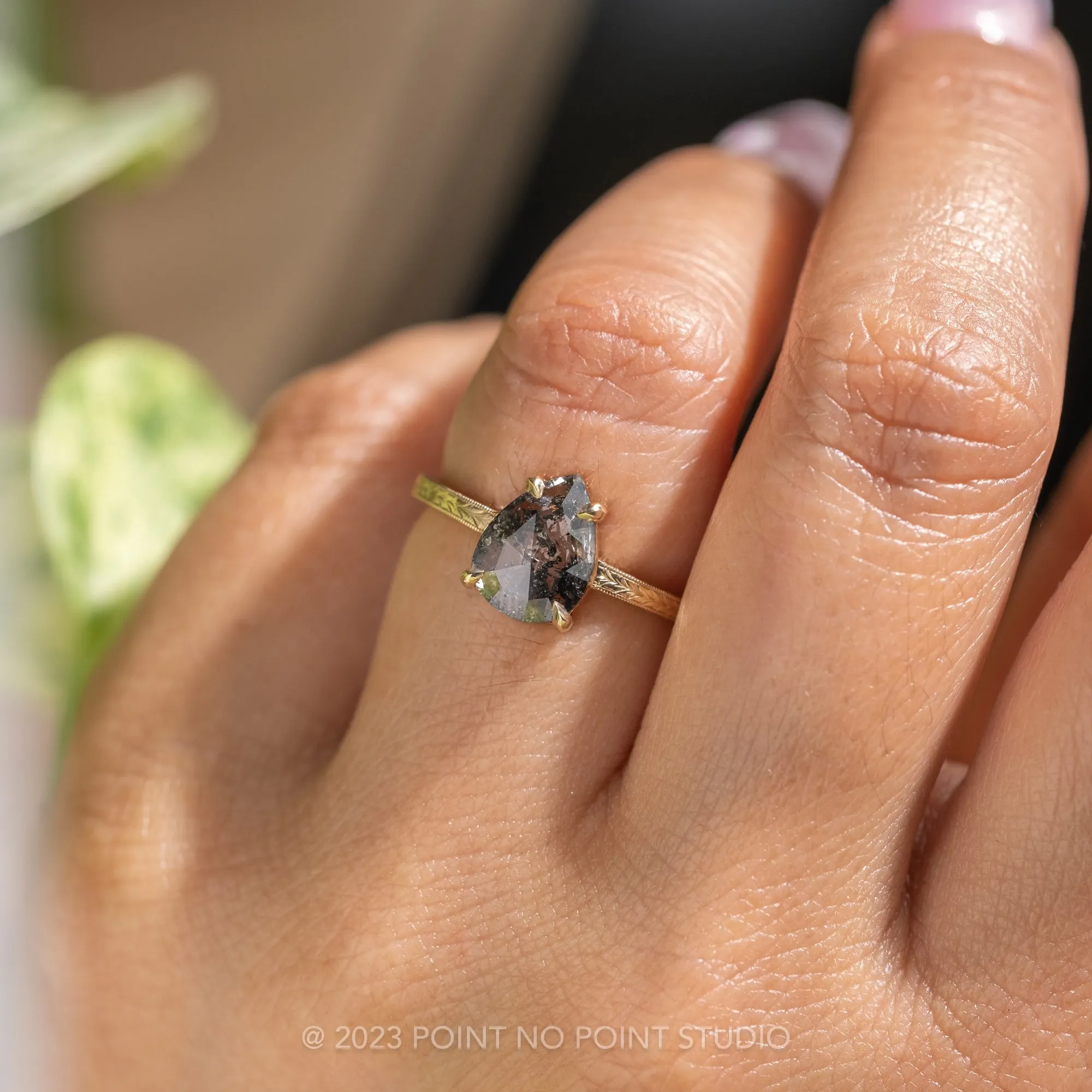 1.15 Carat Salt and Pepper Pear Diamond Engagement Ring, Engraved Jane Setting, 14K Yellow Gold
