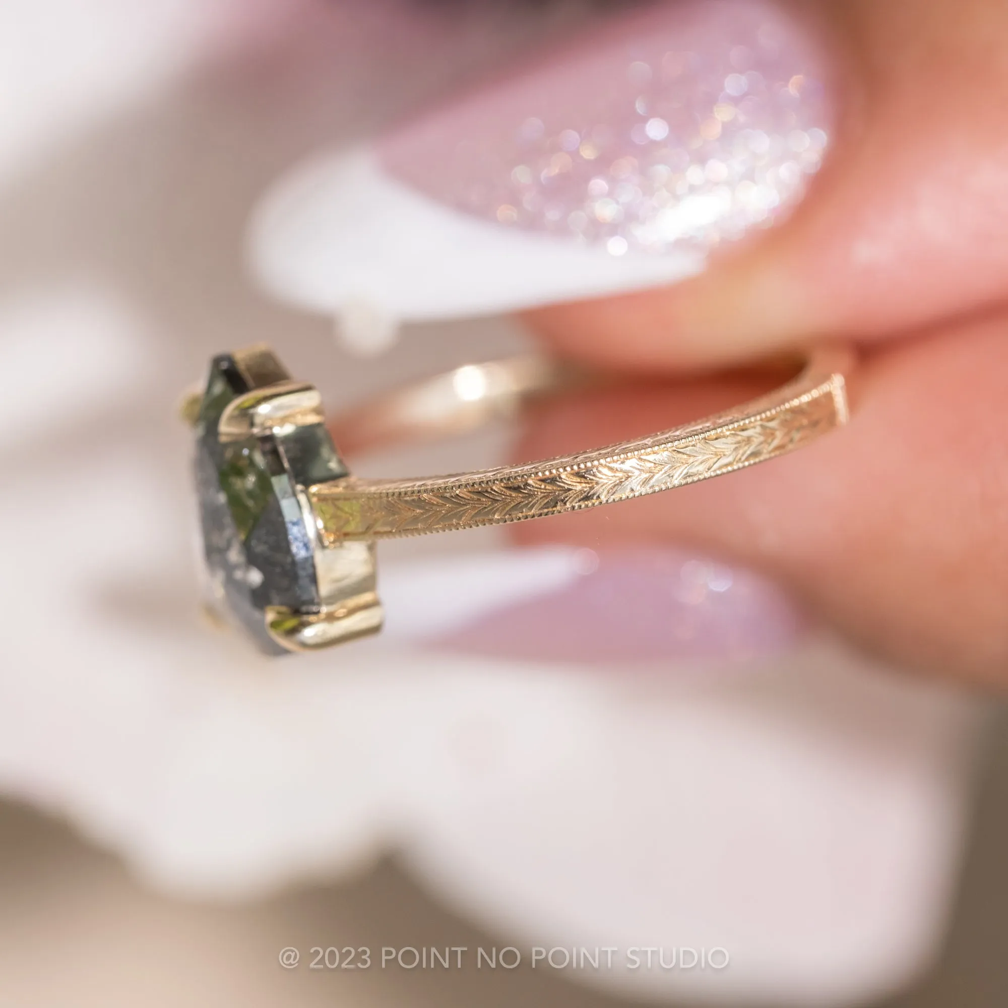 1.15 Carat Salt and Pepper Pear Diamond Engagement Ring, Engraved Jane Setting, 14K Yellow Gold